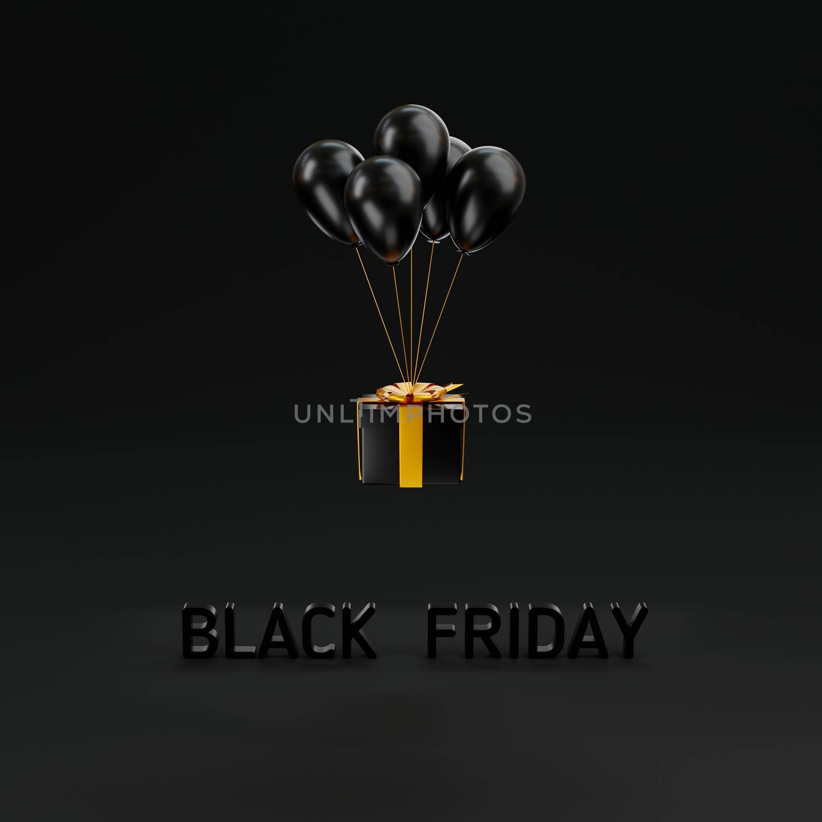 Black Friday Sale concept, Gift box close cover and flying balloons with golden ribbon by Sorapop