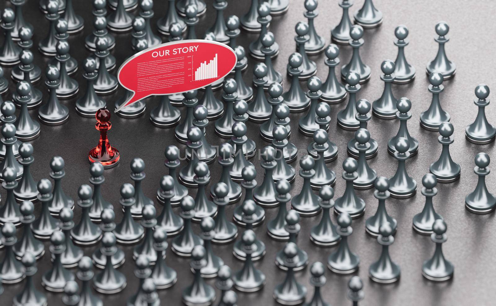 3D illustration of many pawns over black background and a story inside a red speech bubble. Effective storytelling. Brand communication concept.