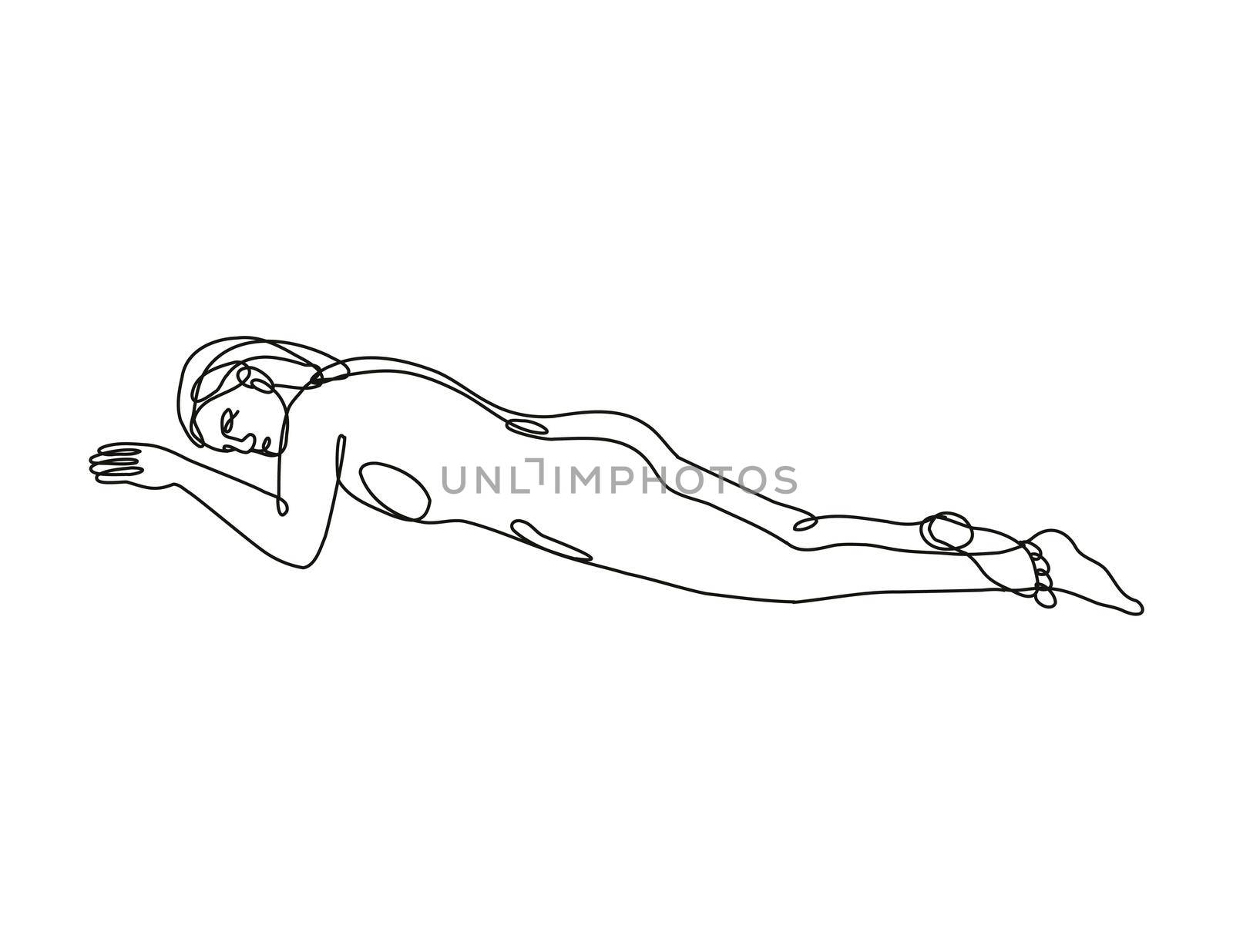 Continuous line drawing illustration of a female nude lying down in supine position done in doodle style in black and white on isolated background. 