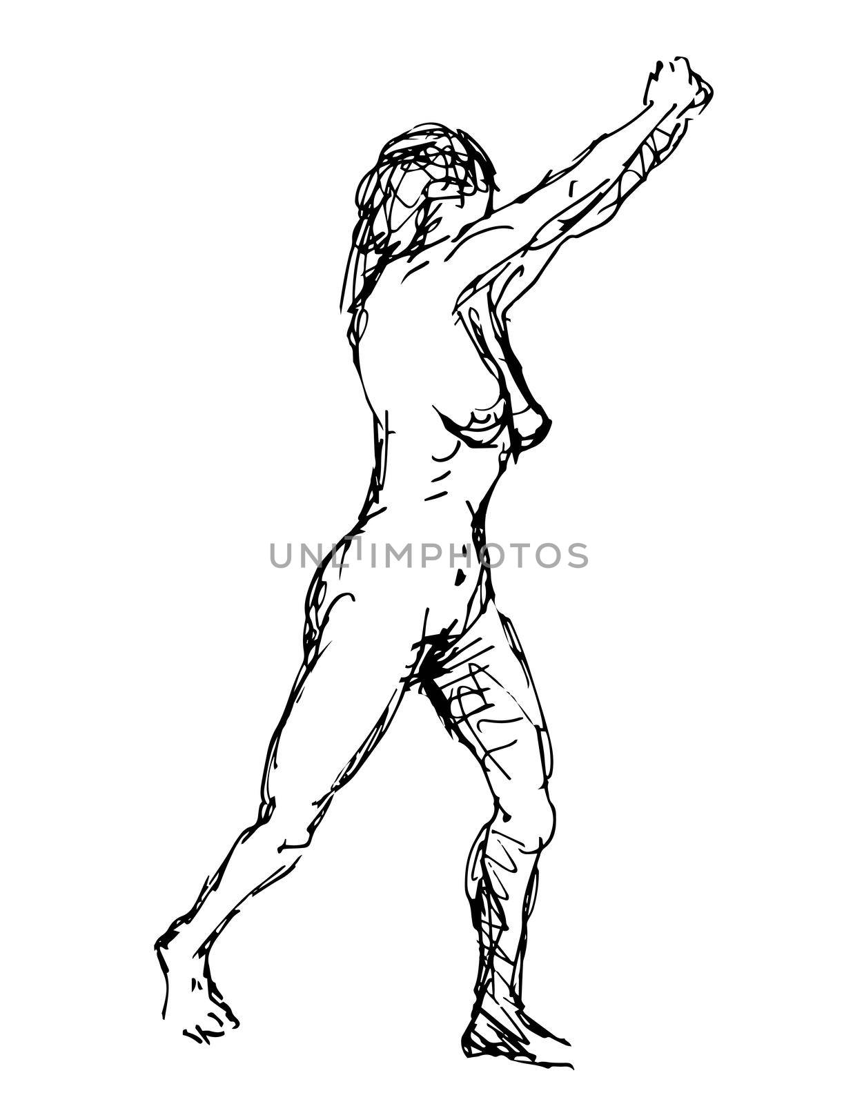 Doodle art illustration of a nude female human figure posing striding with hands clasp pointing up done in continuous line drawing style in black and white on isolated background.
