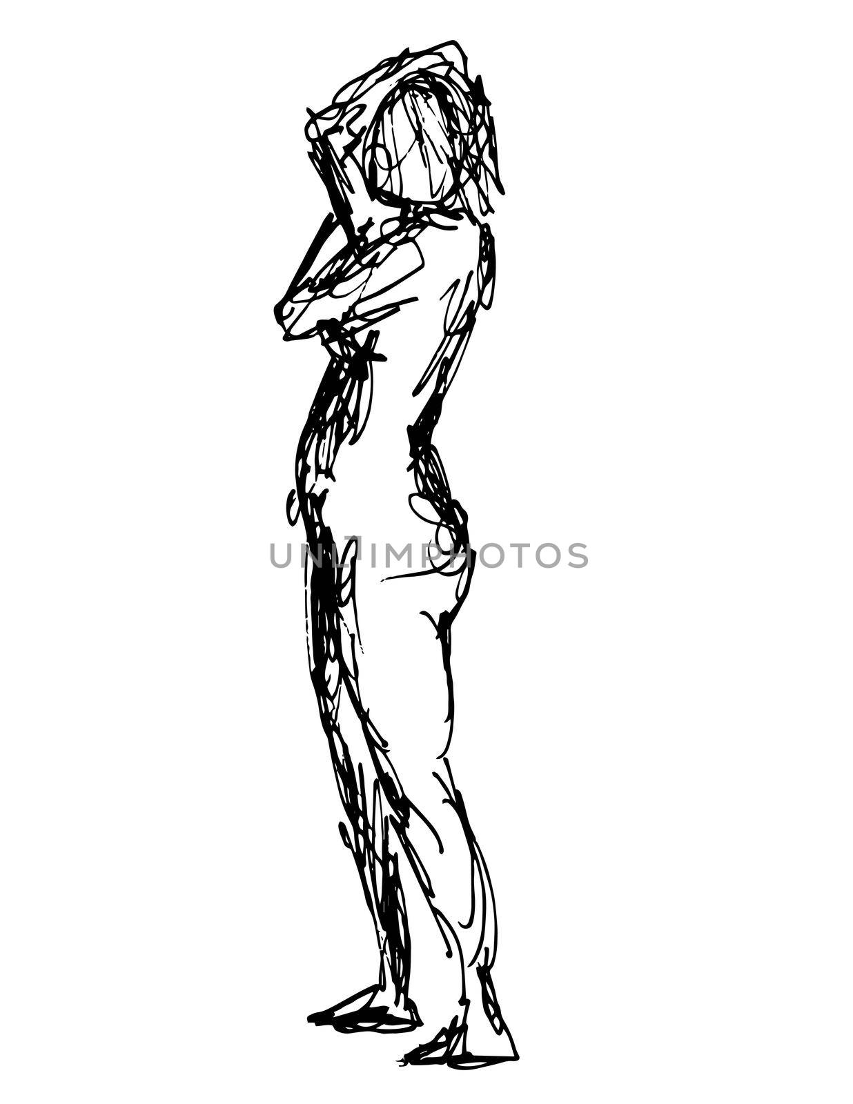 Doodle art illustration of a nude female human figure posing with hand behind head side view  in continuous line drawing style in black and white on isolated background.