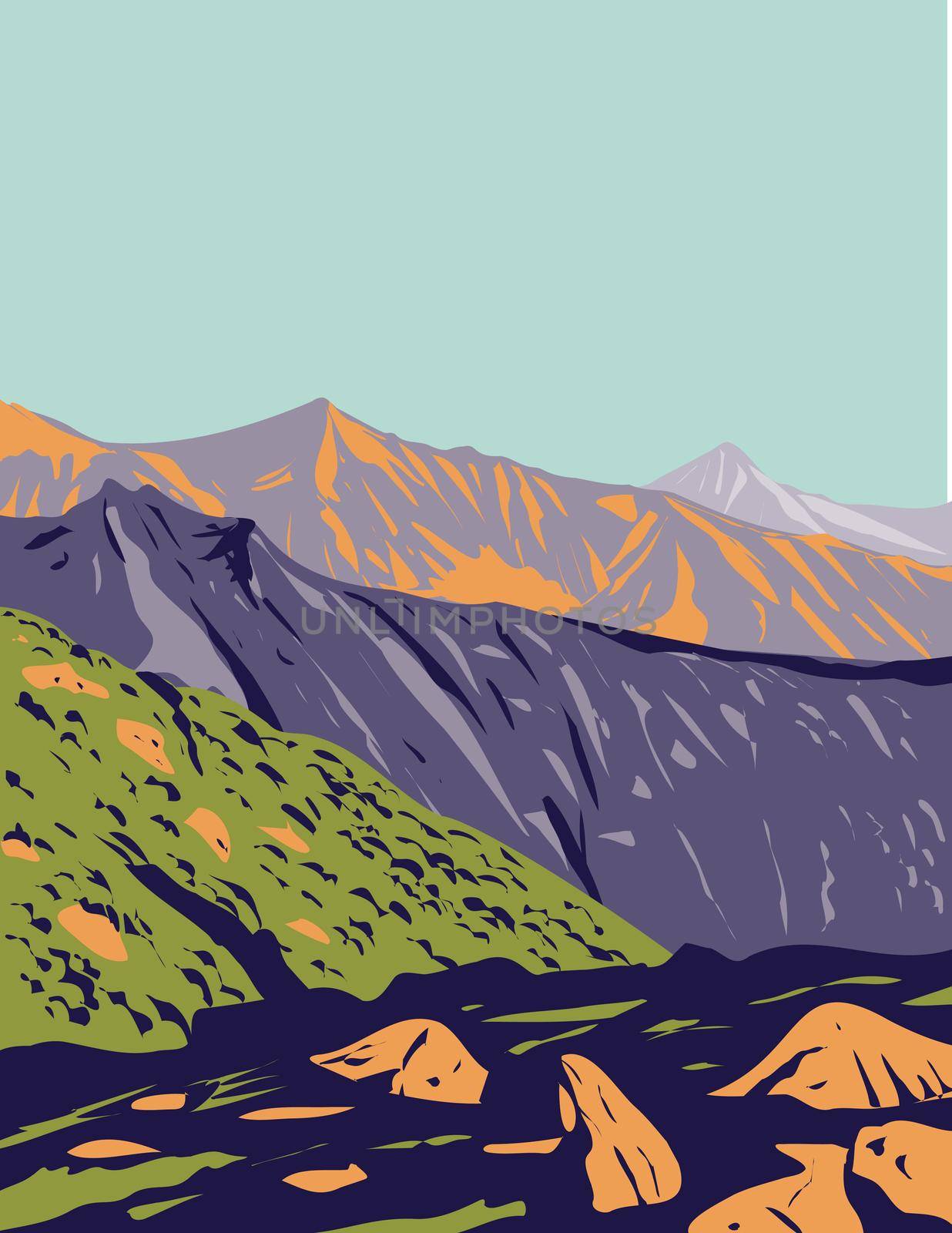 Art Deco or WPA poster of Val Grande National Park located in Piedmont in the north of Italy done in works project administration style.