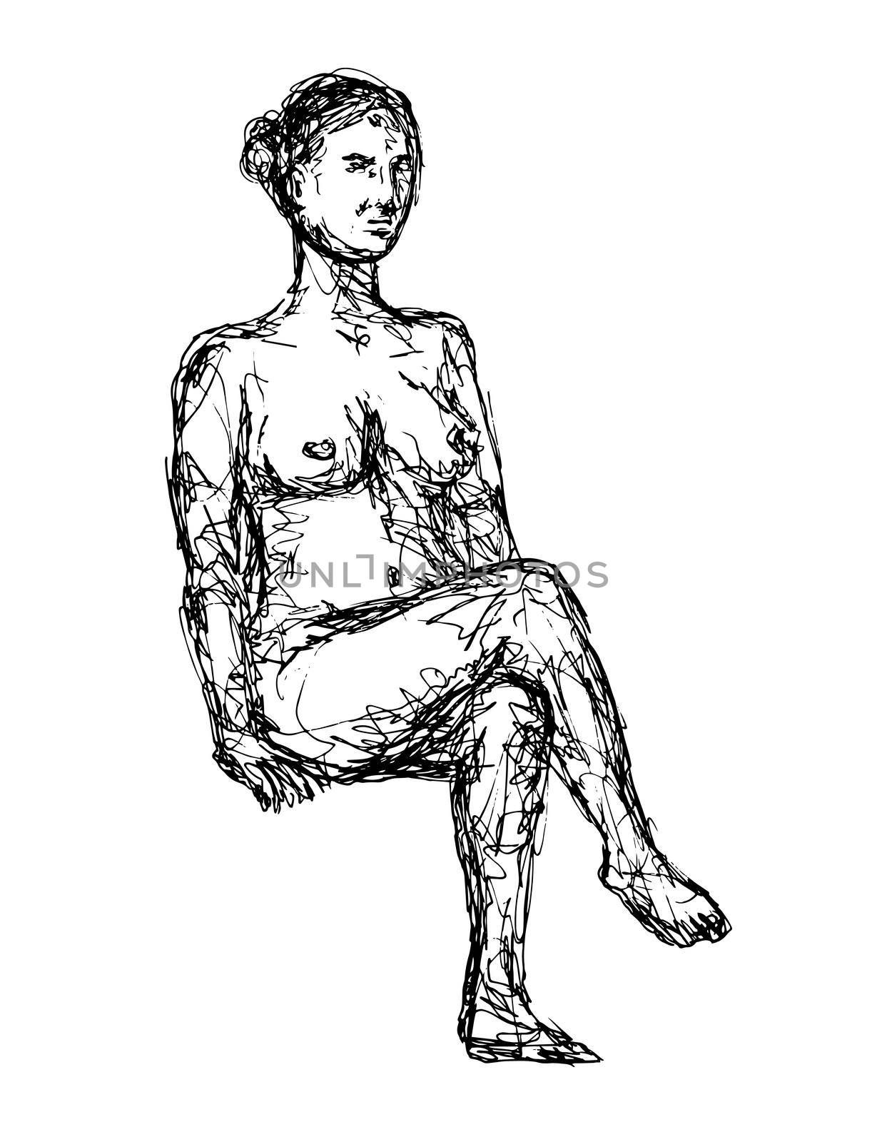 Doodle art illustration of a nude female human figure seated or sitting down viewed from front done in continuous line drawing style in black and white on isolated background.