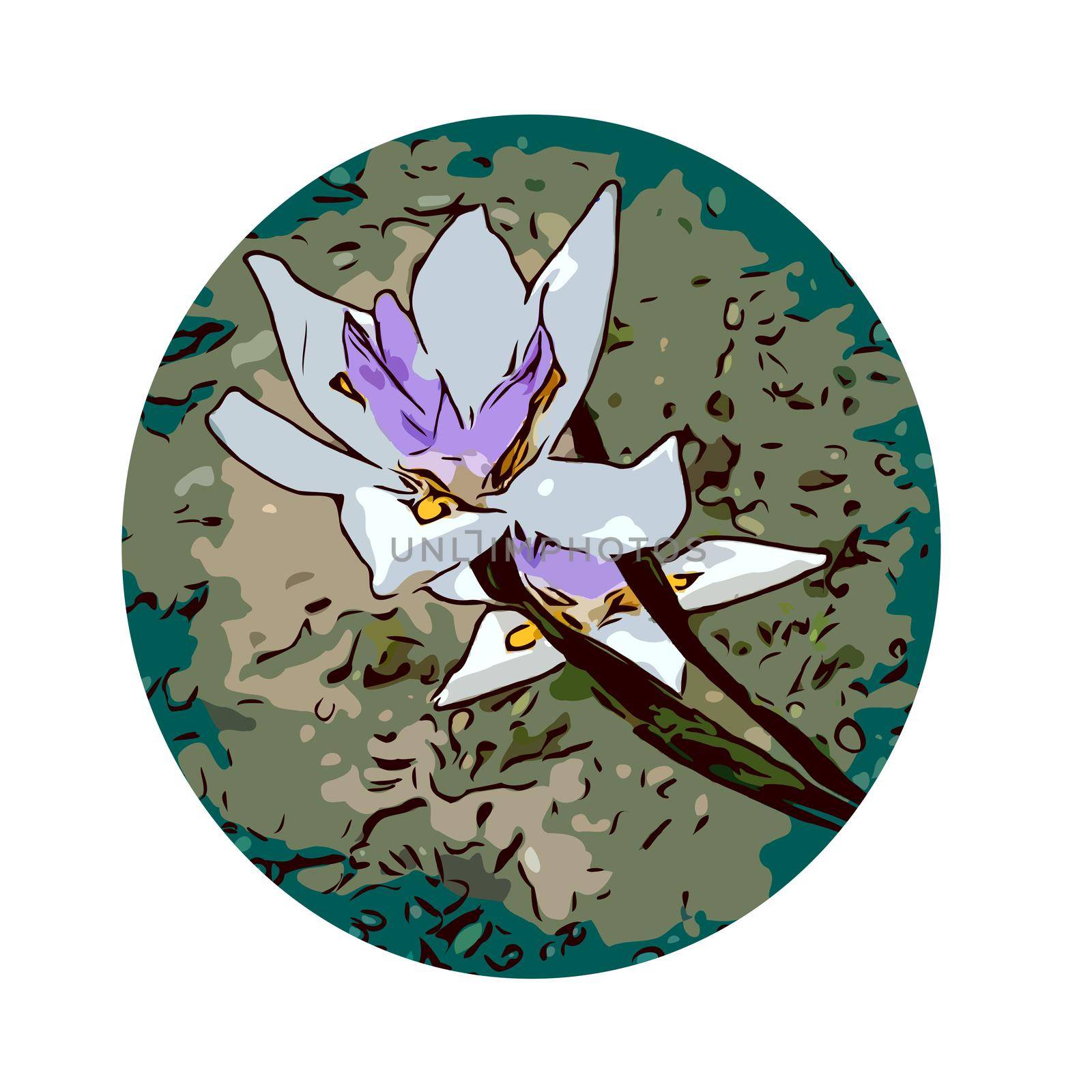 WPA poster art of an iris flower set inside circle  done in works project administration or federal art project style.