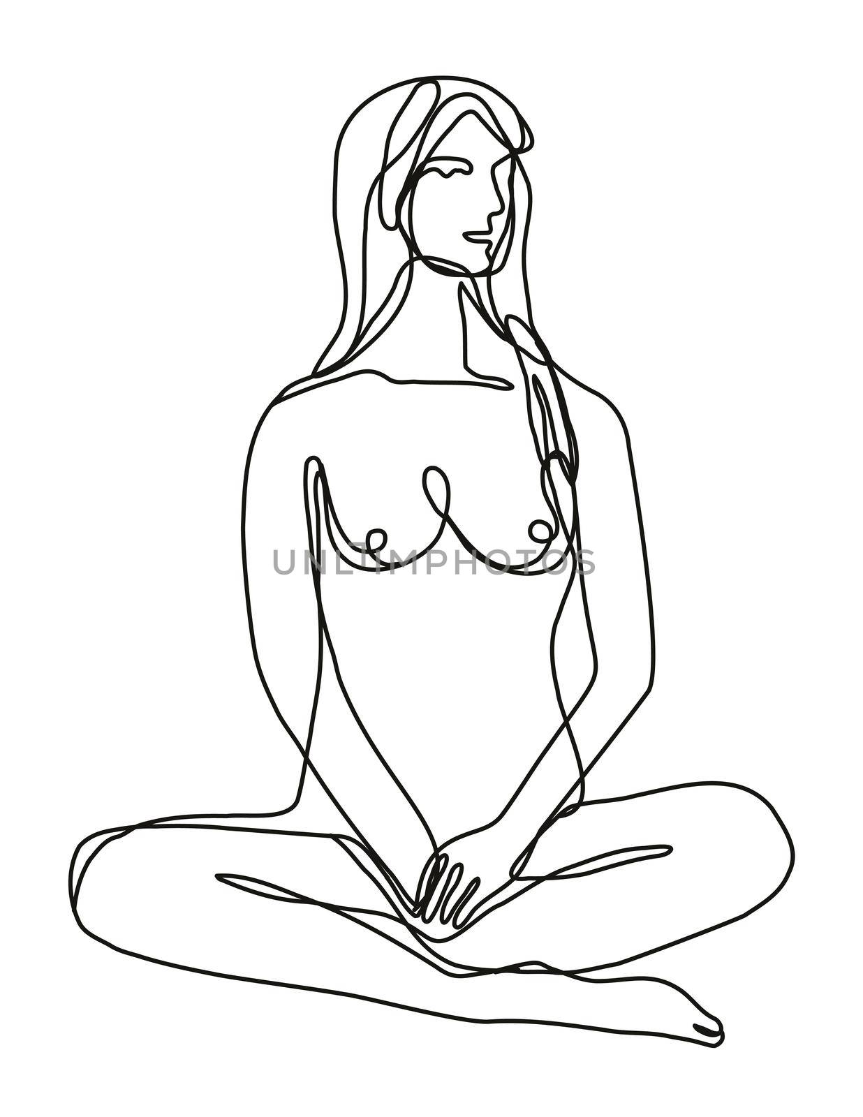 Continuous line drawing illustration of a female nude sitting in Lotus Position front view done in doodle style in black and white on isolated background. 