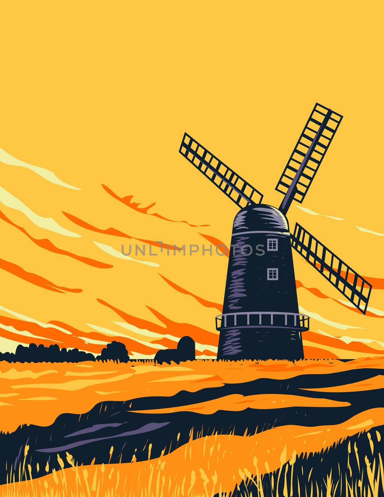 Drainage Windmill in Norwich in the Norfolk Broads Within the Broads National Park England UK Art Deco WPA Poster Art by patrimonio