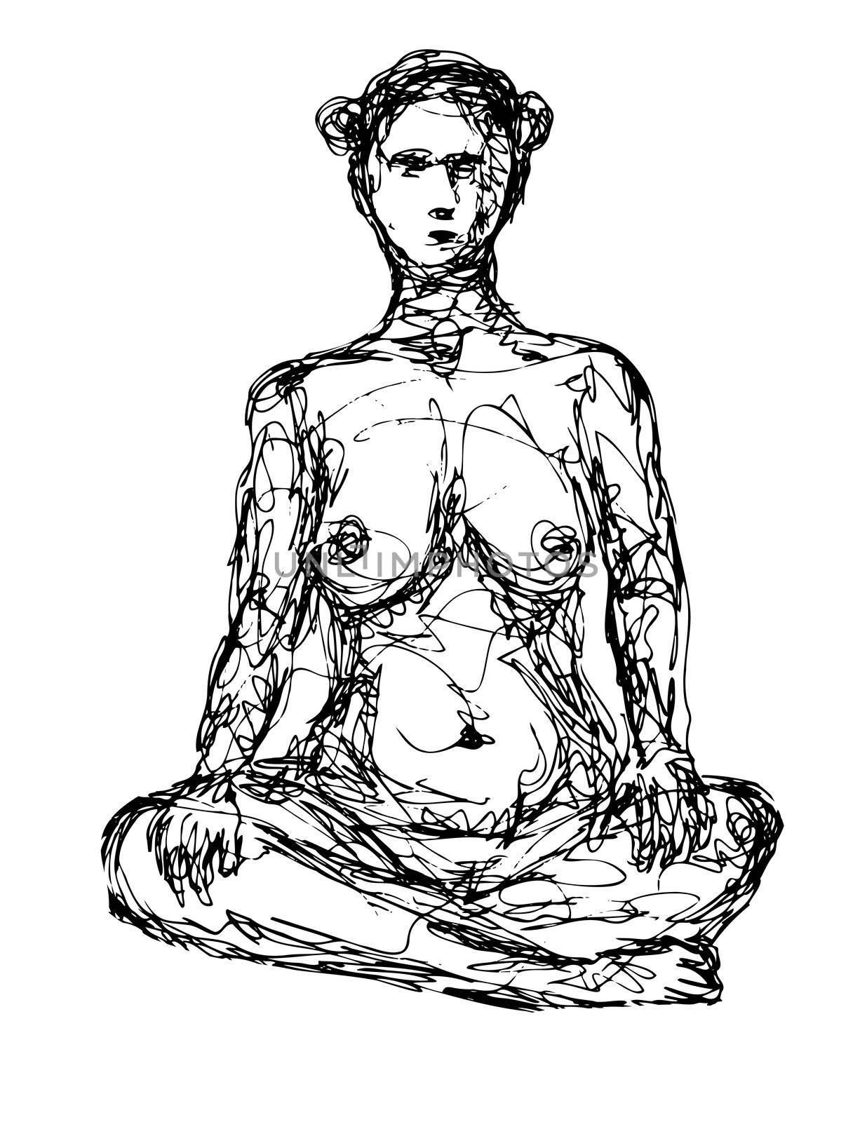 Doodle art illustration of a nude female human figure posing seated or cross sitting with legs crossed done in continuous line drawing style in black and white on isolated background.