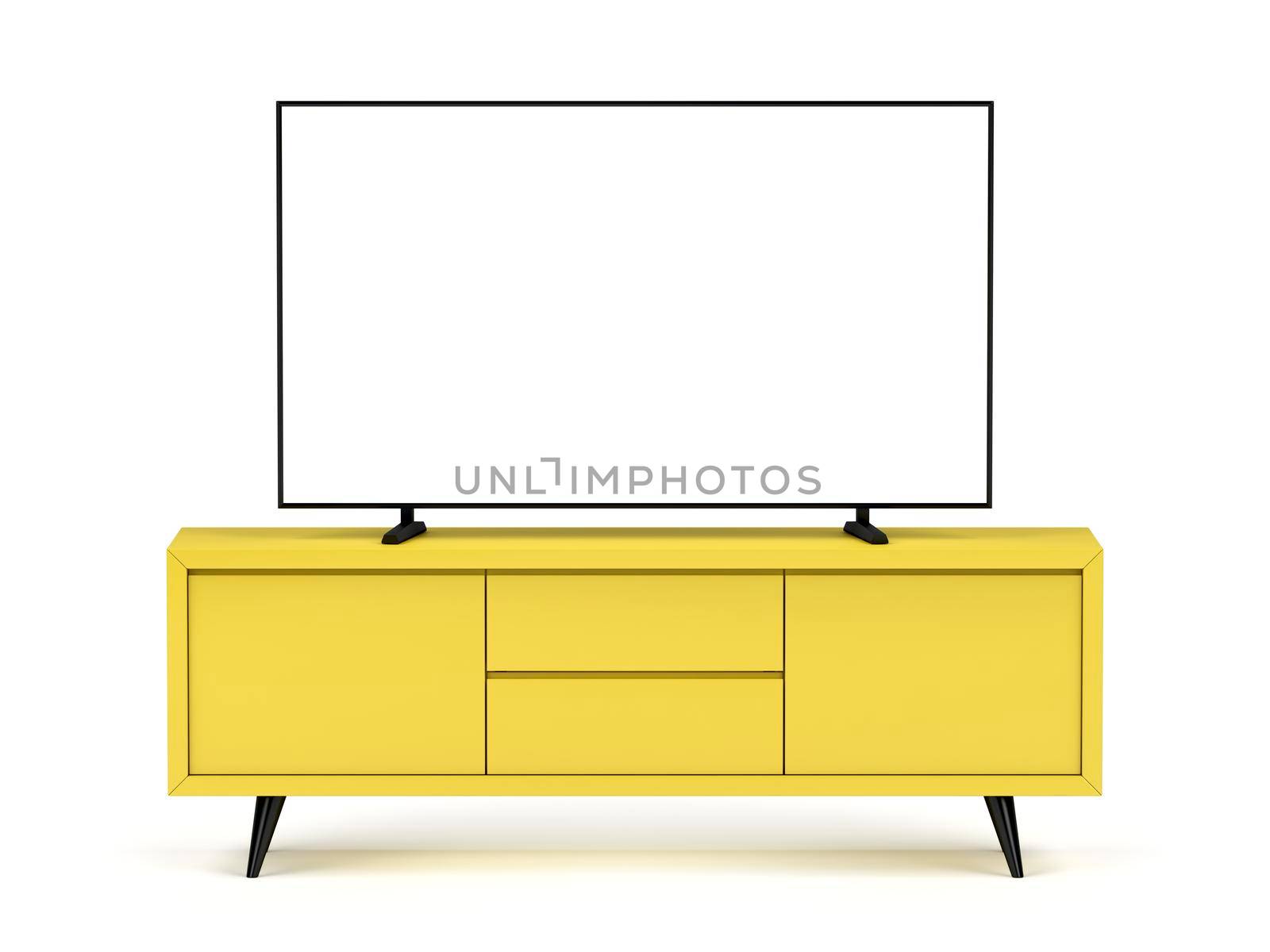 Yellow tv cabinet with flat screen tv by magraphics