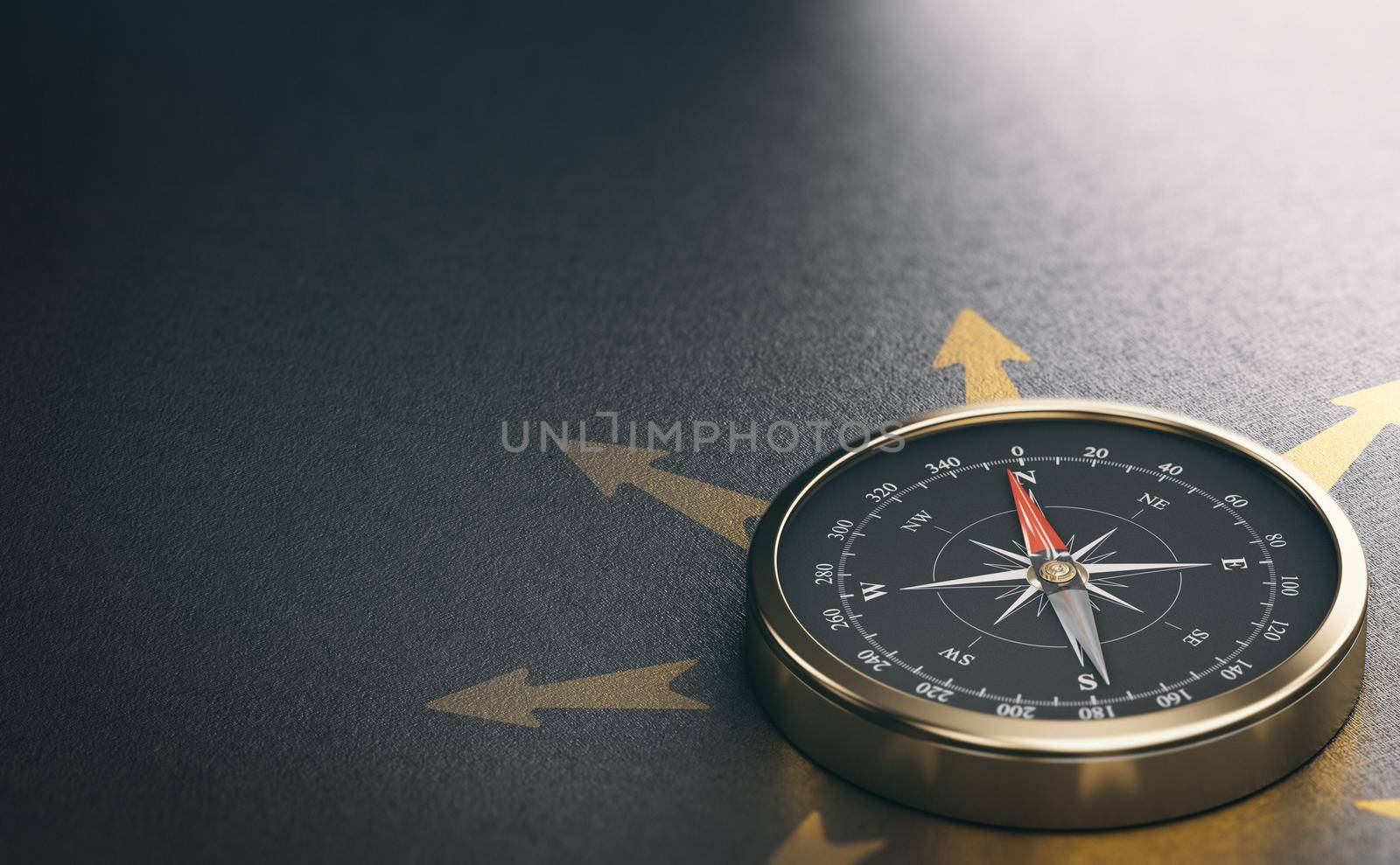 3D illustration of a golden compass over black background with copy space on the left. Strategic business orientation concept.