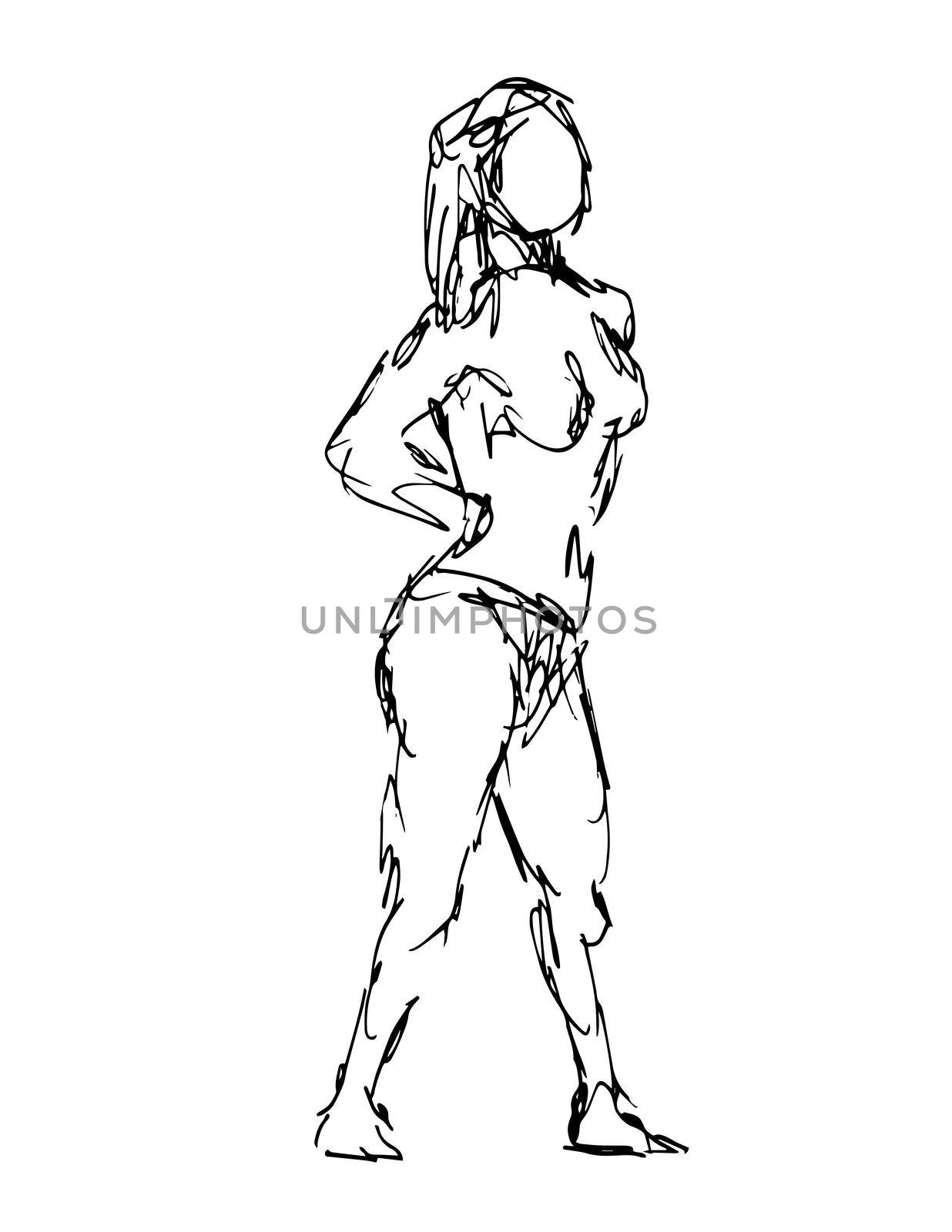 Nude Female Figure Standing Hands on Hips Doodle Art Continuous Line Drawing by patrimonio