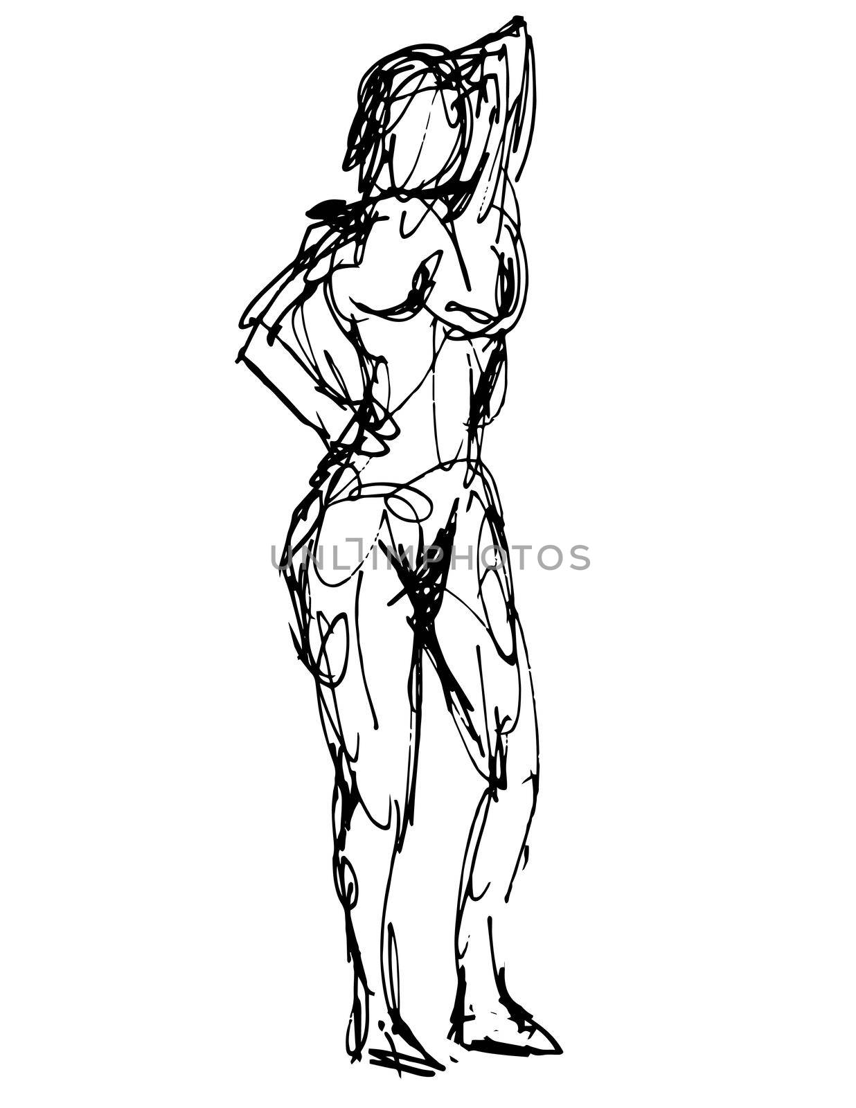 Doodle art illustration of a nude female human figure posing with hand behind head front view  in continuous line drawing style in black and white on isolated background.
