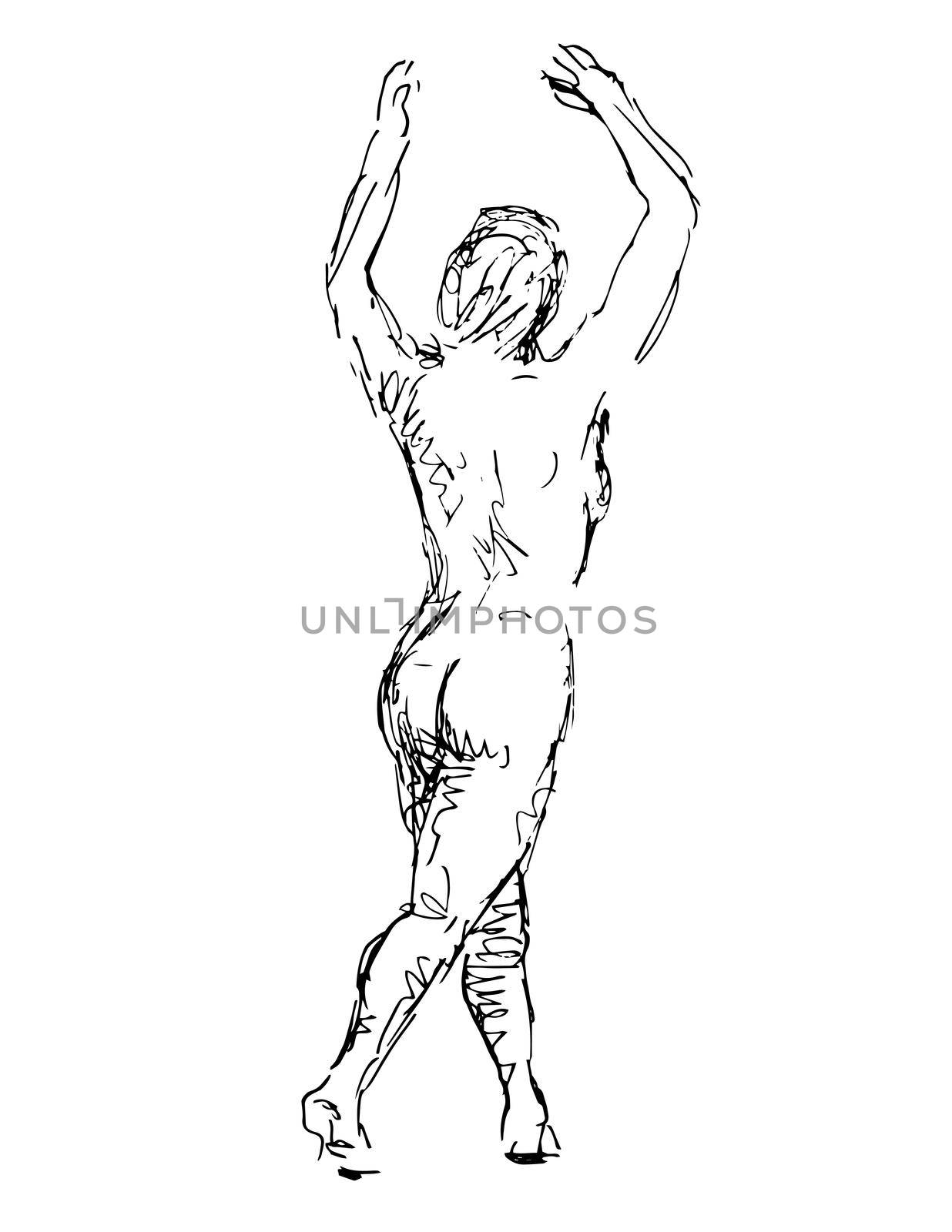 Nude Female Human Figure Standing With Hands Up Rear View Doodle Art Line Drawing  by patrimonio