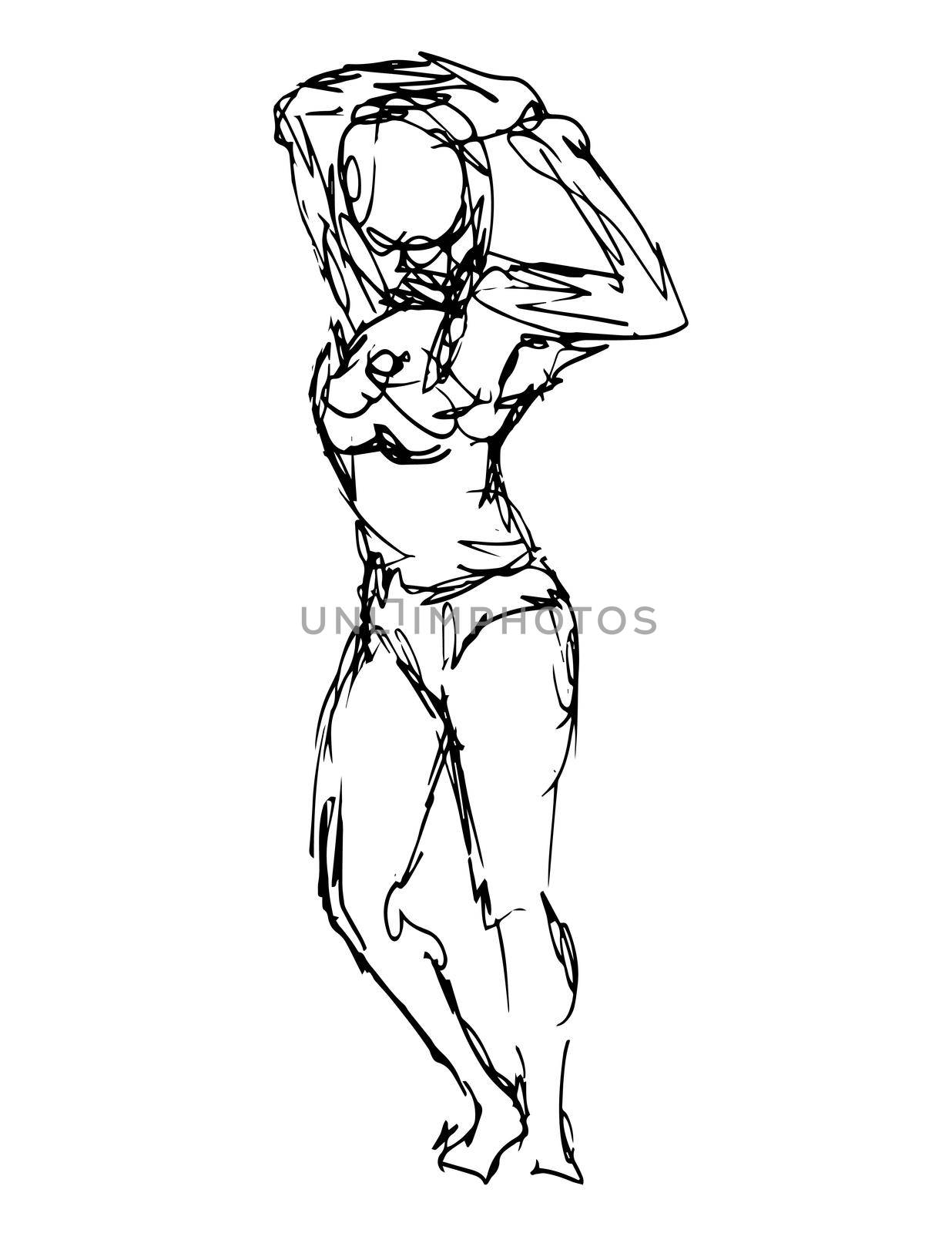 Doodle art illustration of a nude female figure standing with hands on back of head done in continuous line drawing style in black and white on isolated background.