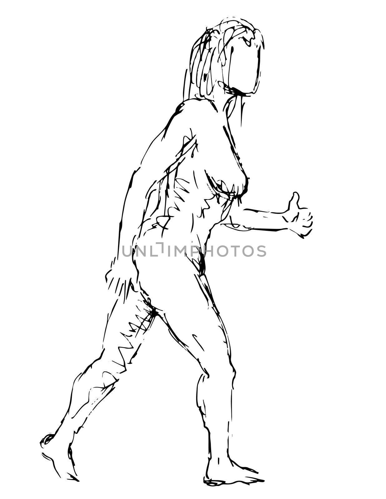 Doodle art illustration of a nude female human figure posing striding with thumb up done in continuous line drawing style in black and white on isolated background.
