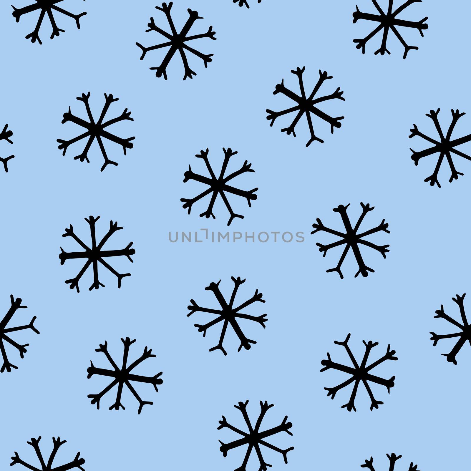 Seamless Pattern with Black Snowflakes on Light Blue Background. Abstract Hand-Drawn Doodle Snowflakes.