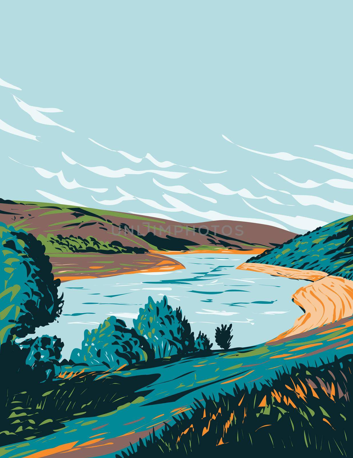 Art Deco or WPA poster of Meldon Reservoir near Okehampton on Dartmoor National Park, Devon, England, United Kingdom done in works project administration style.