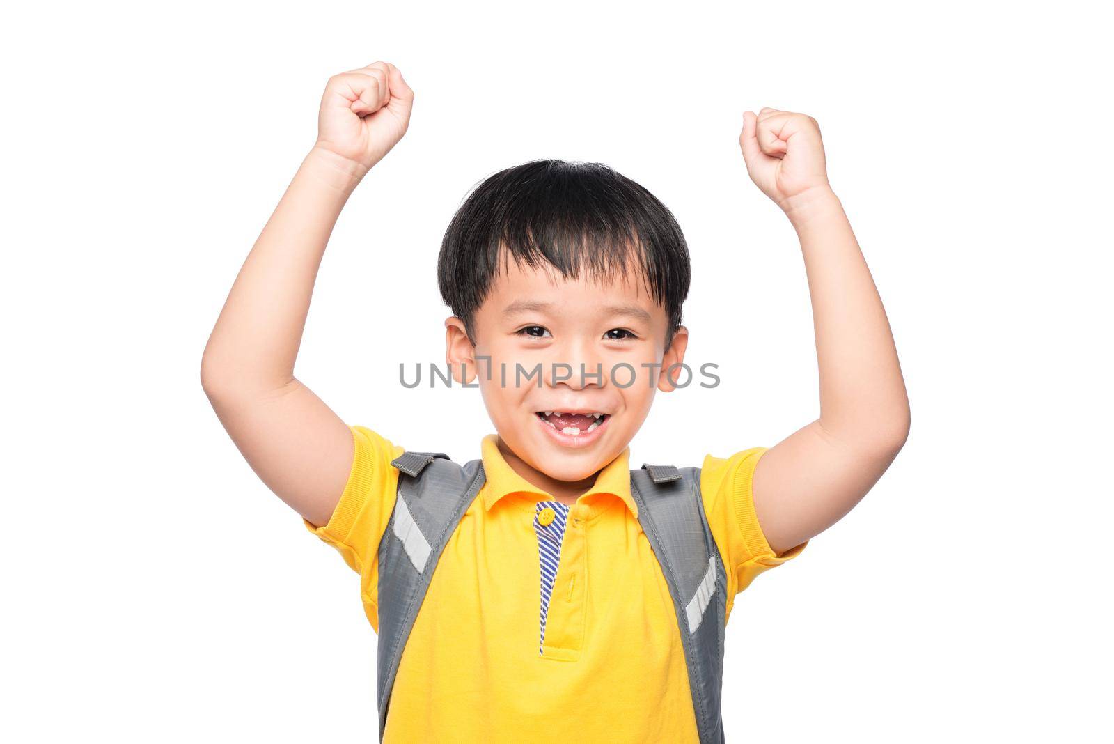 Education Concept.Young asian boy smile gesture hands ready to school by makidotvn
