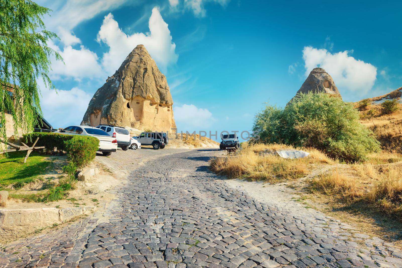 Stone road in Cappadocia at sunset. City of Goreme