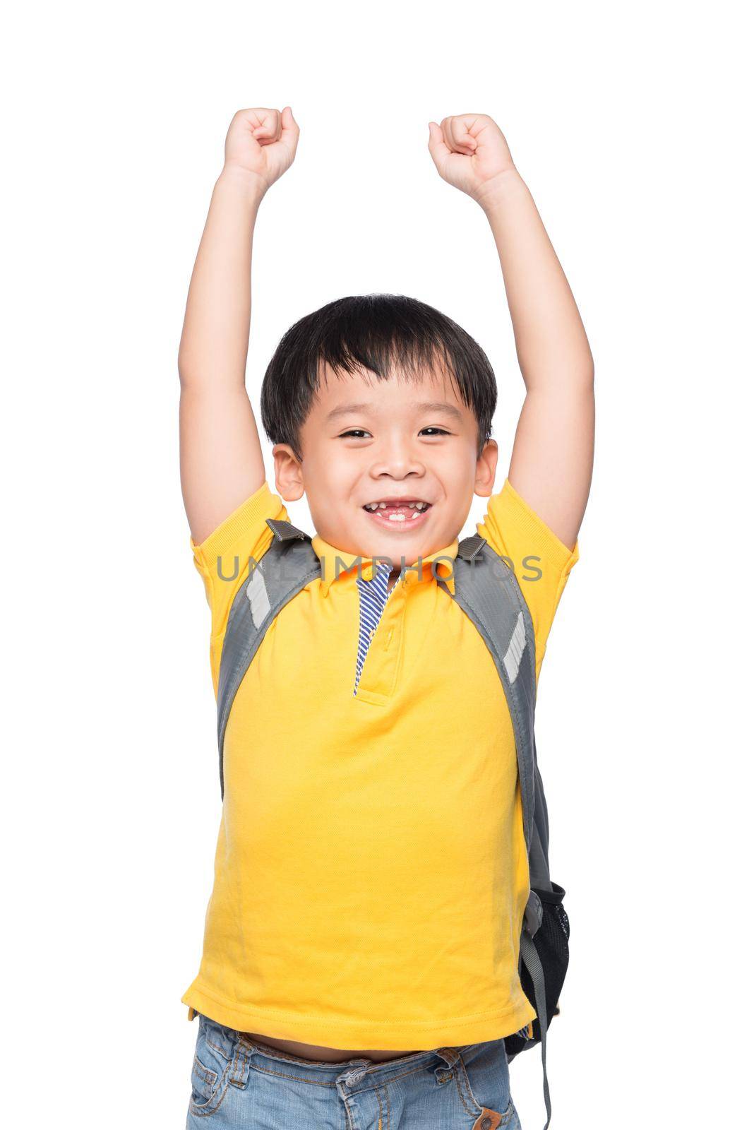 Education Concept.Young asian boy smile gesture hands ready to school by makidotvn