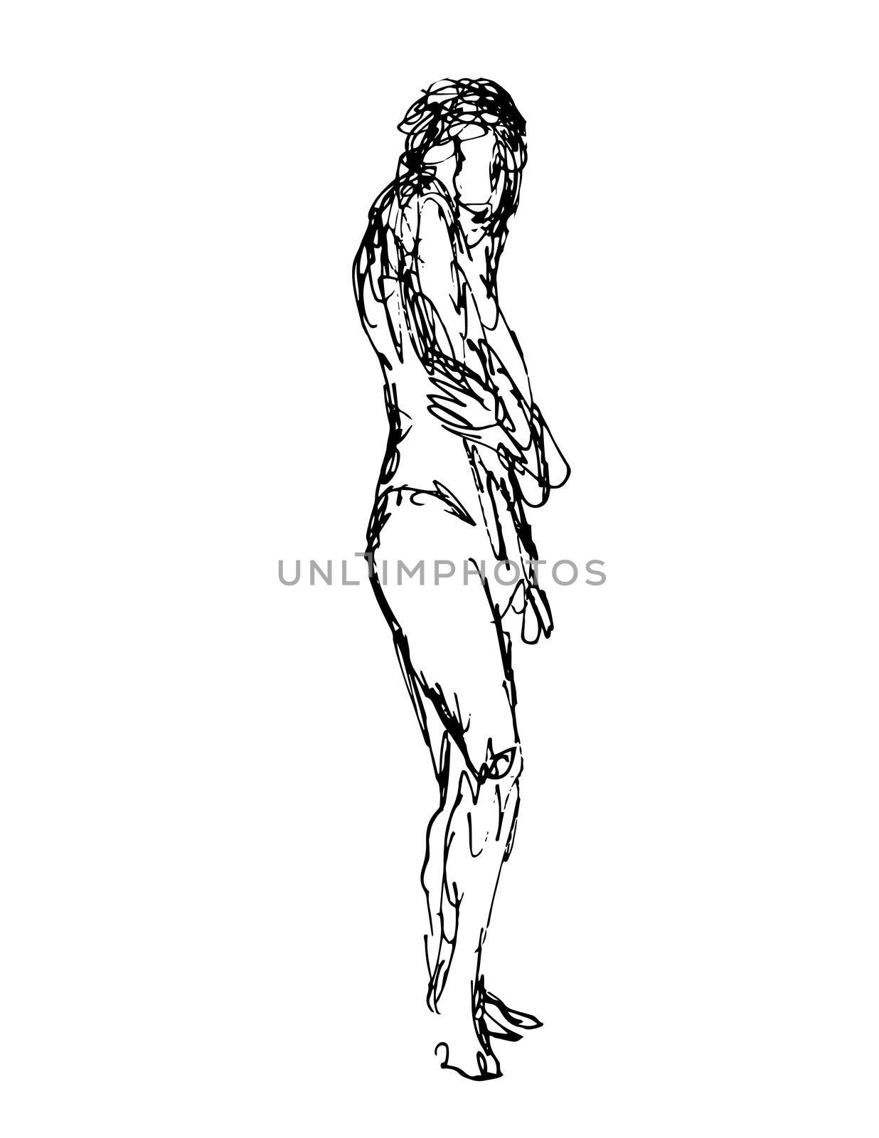 Doodle art illustration of a nude female human figure posing standing done in continuous line drawing style in black and white on isolated background.