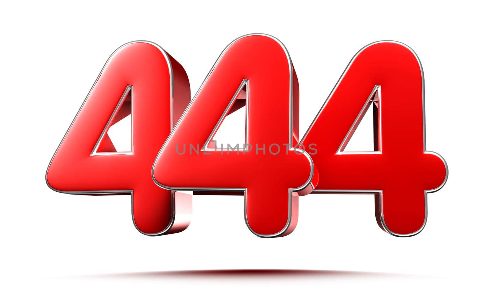 Rounded red numbers 444 on white background 3D illustration with clipping path