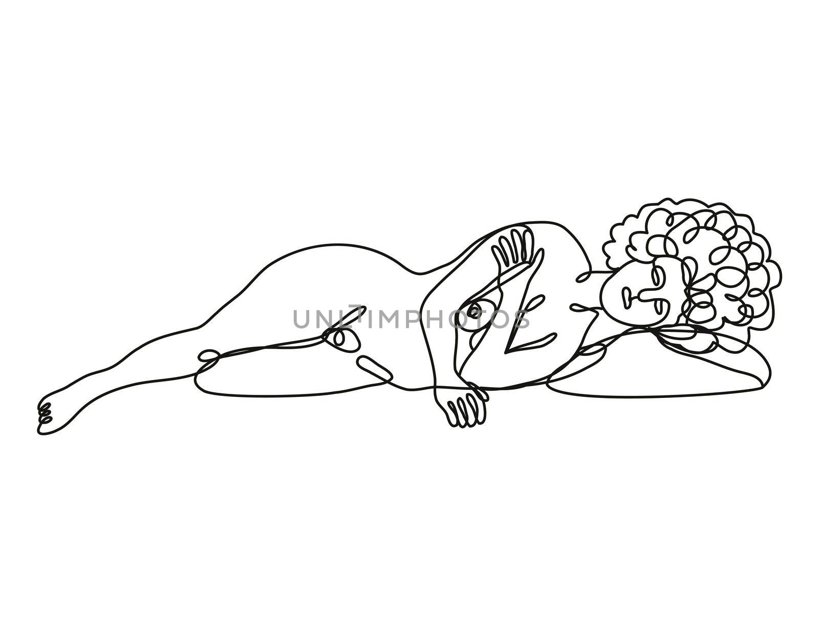 Continuous line drawing illustration of a female nude reclining on side done in doodle style in black and white on isolated background. 