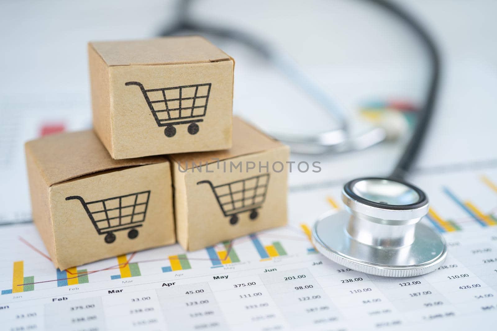 Stethoscope and shopping cart logo on box with graph background. Banking Account, Investment Analytic research data economy, trading, Business import export transportation online company concept. by pamai