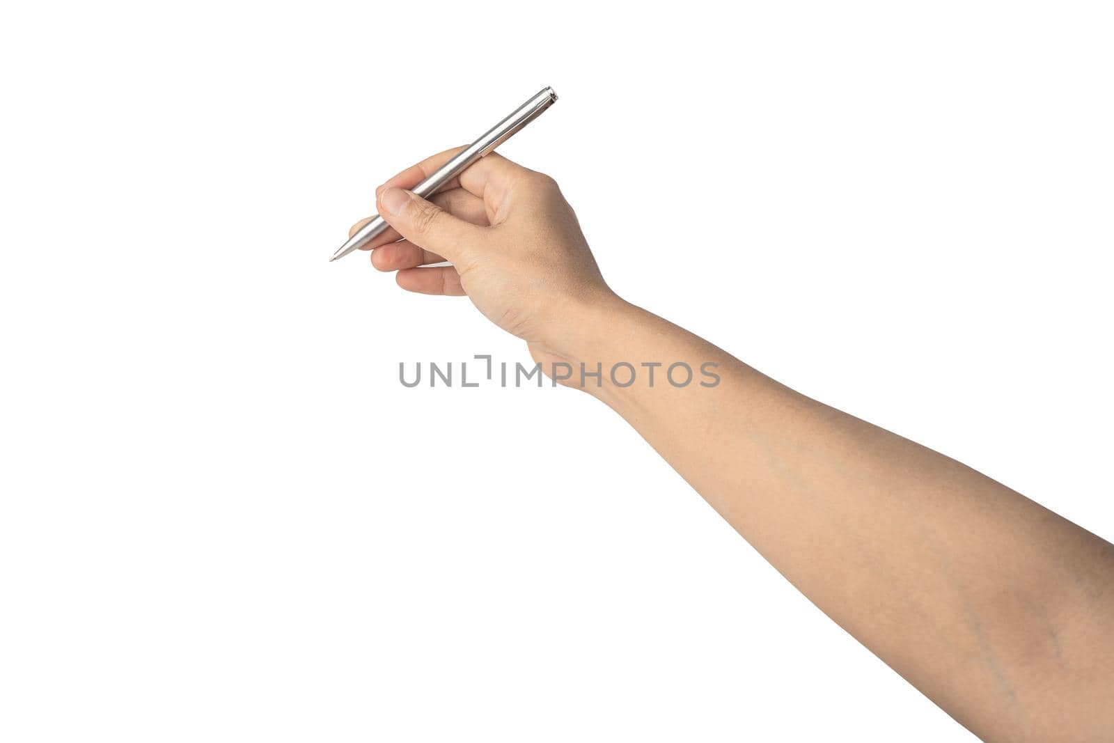 Asian lady woman beautiful hand holding silver color pen isolated on white background with clipping path. by pamai
