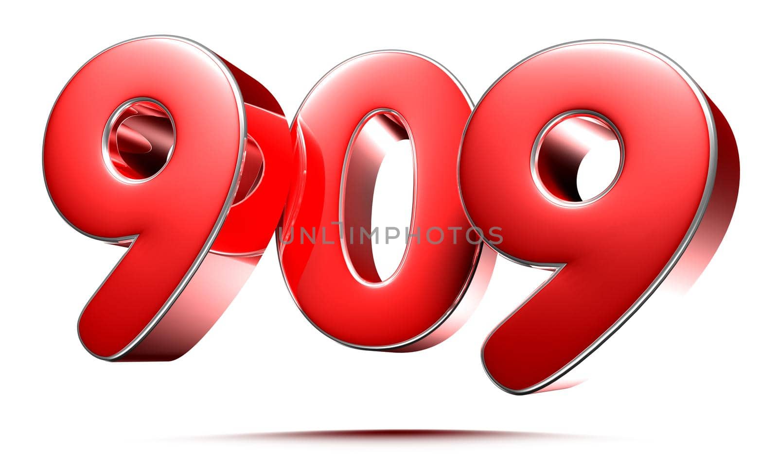 Rounded red numbers 909 on white background 3D illustration with clipping path
