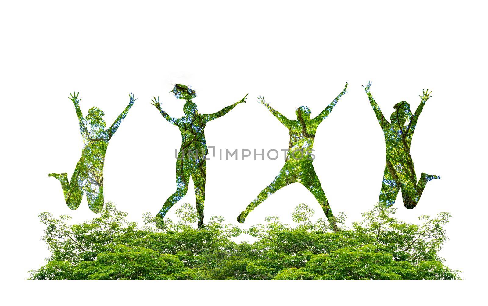 forest silhouettes of people jumping with joy forest and environment conservation concept