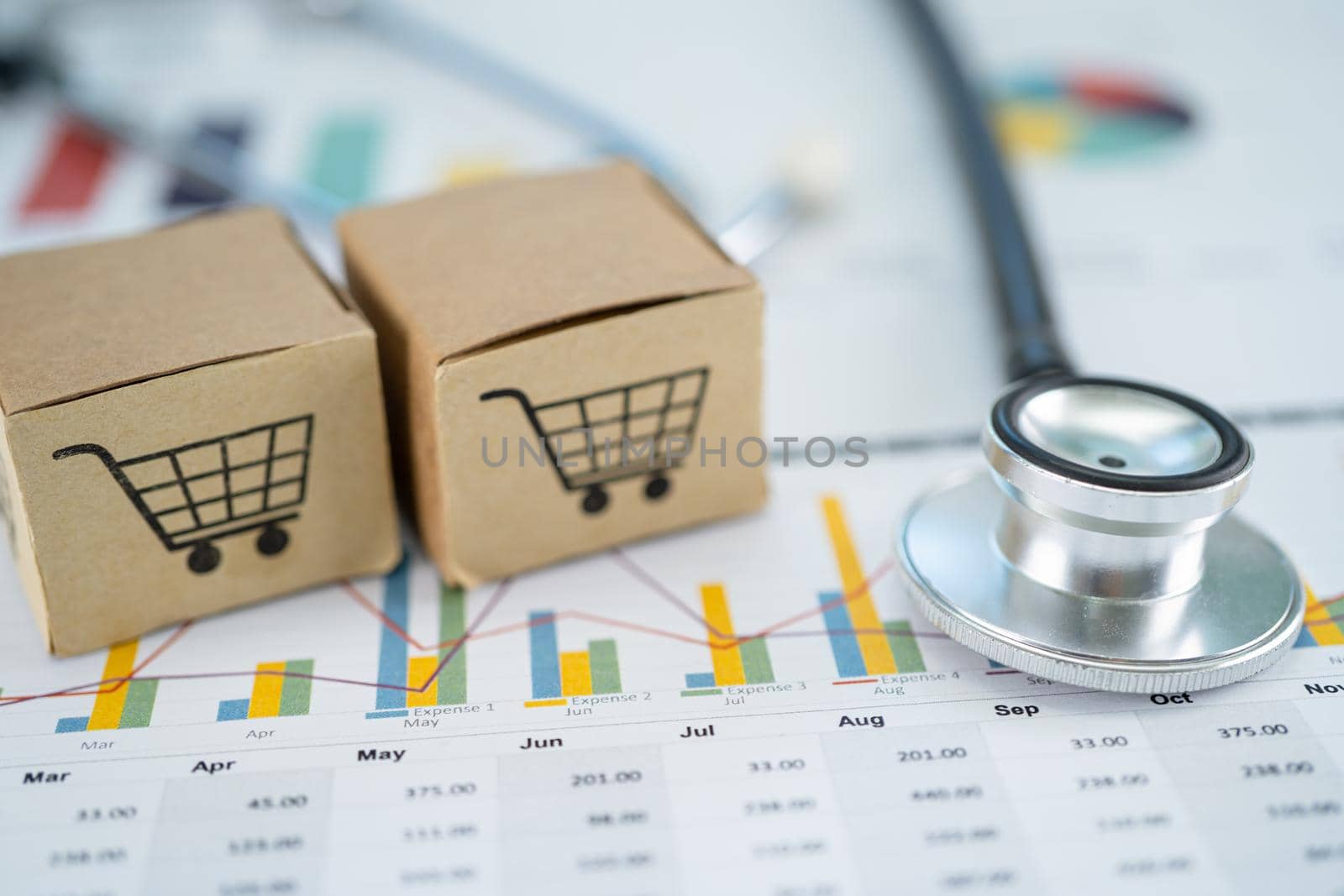 Stethoscope and shopping cart logo on box with graph background. Banking Account, Investment Analytic research data economy, trading, Business import export transportation online company concept.