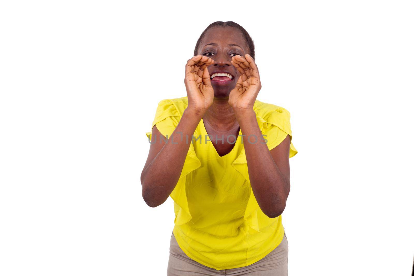 Young emotional and casual woman shouting on white background. Human emotions, concept of facial expression on white background.