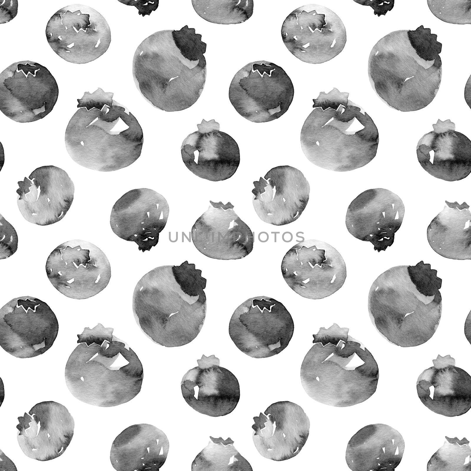 Black ink illustration of blackberries - grayscale painting on white background. Oriental traditional painting in style sumi-e or gohua. Seamless pattern.