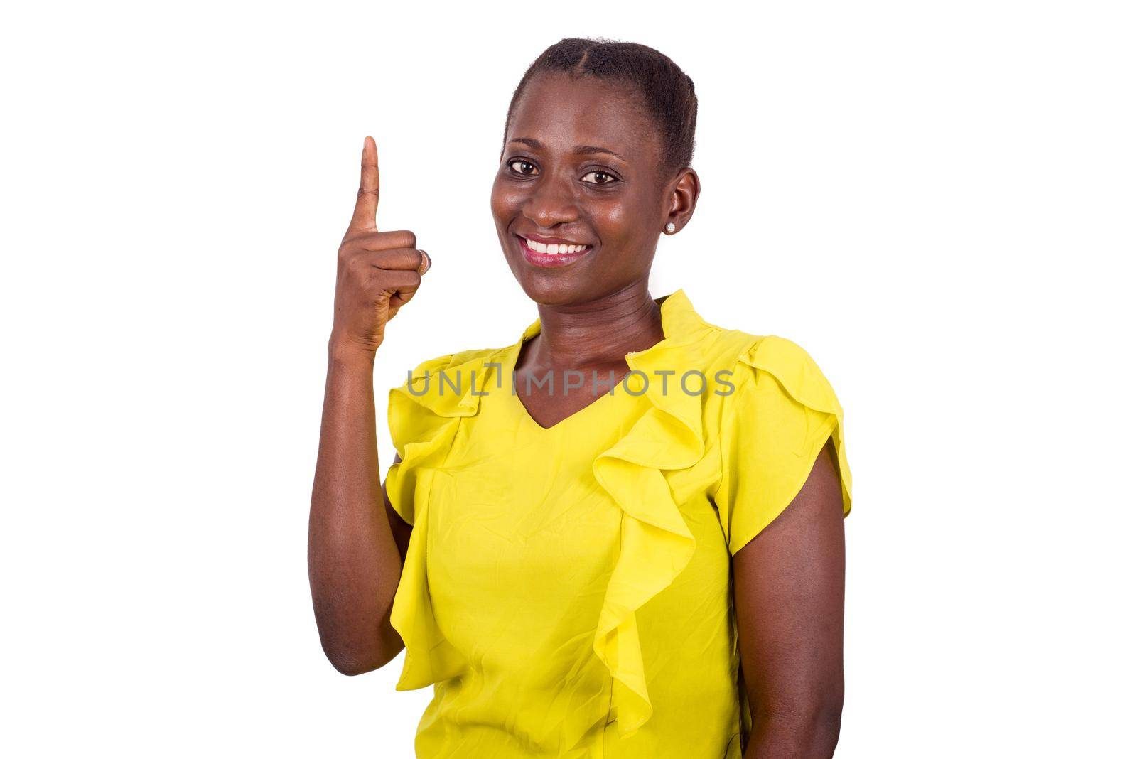 confident and cheerful woman in casual outfit with great idea, raising index finger up for advertising