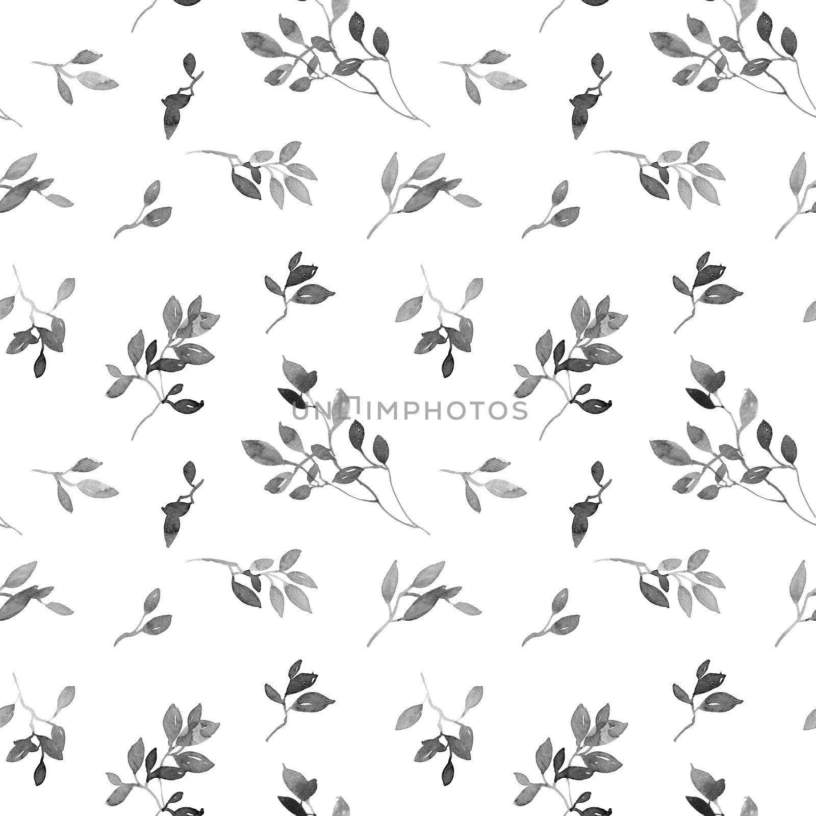 Black ink illustration of tree leaves - grayscale painting on white background. Oriental traditional painting in style sumi-e or gohua. Seamless pattern in minimalistic style.