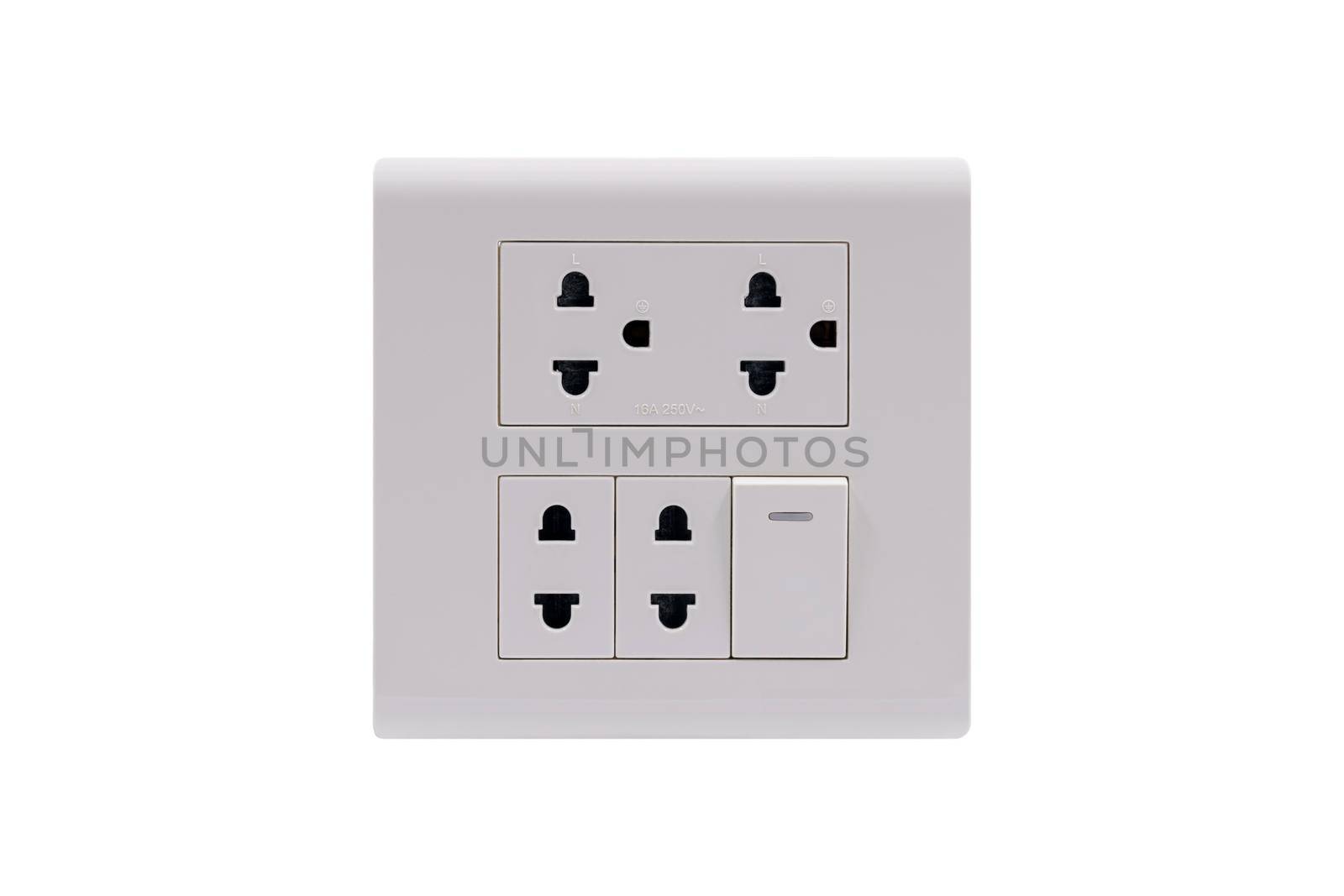 White color wall outlet AC power plug socket with On Off switch isolated on white background. by wattanaphob