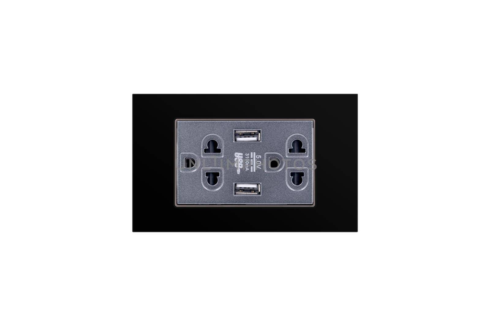 Black color wall outlet AC power plug with USB 5.0V DC output socket for charger isolated on white background.