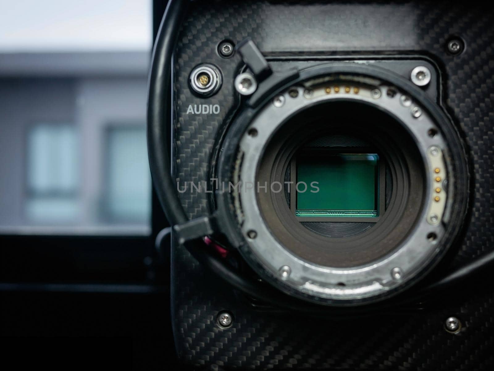 Close-up of the sensor glass of a full frame 4K film camera.