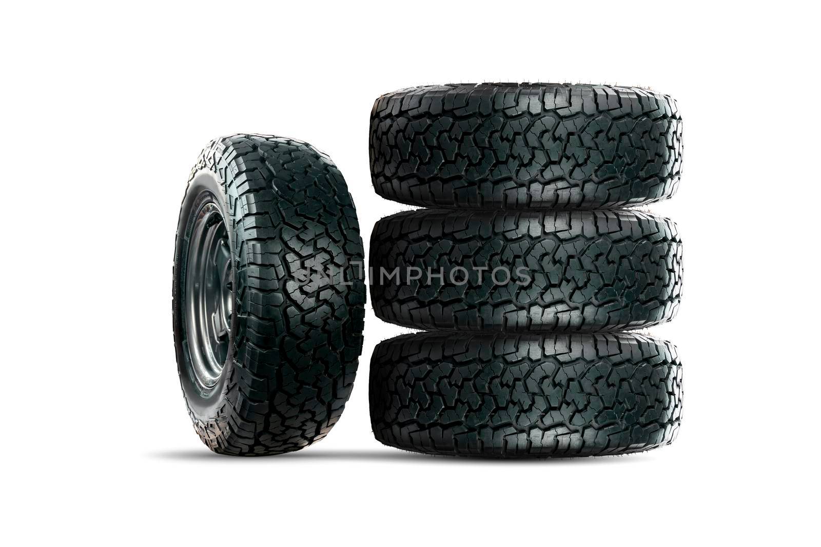 Set of 4 wheels car tires designed for use in all road conditions isolated on white background. by wattanaphob
