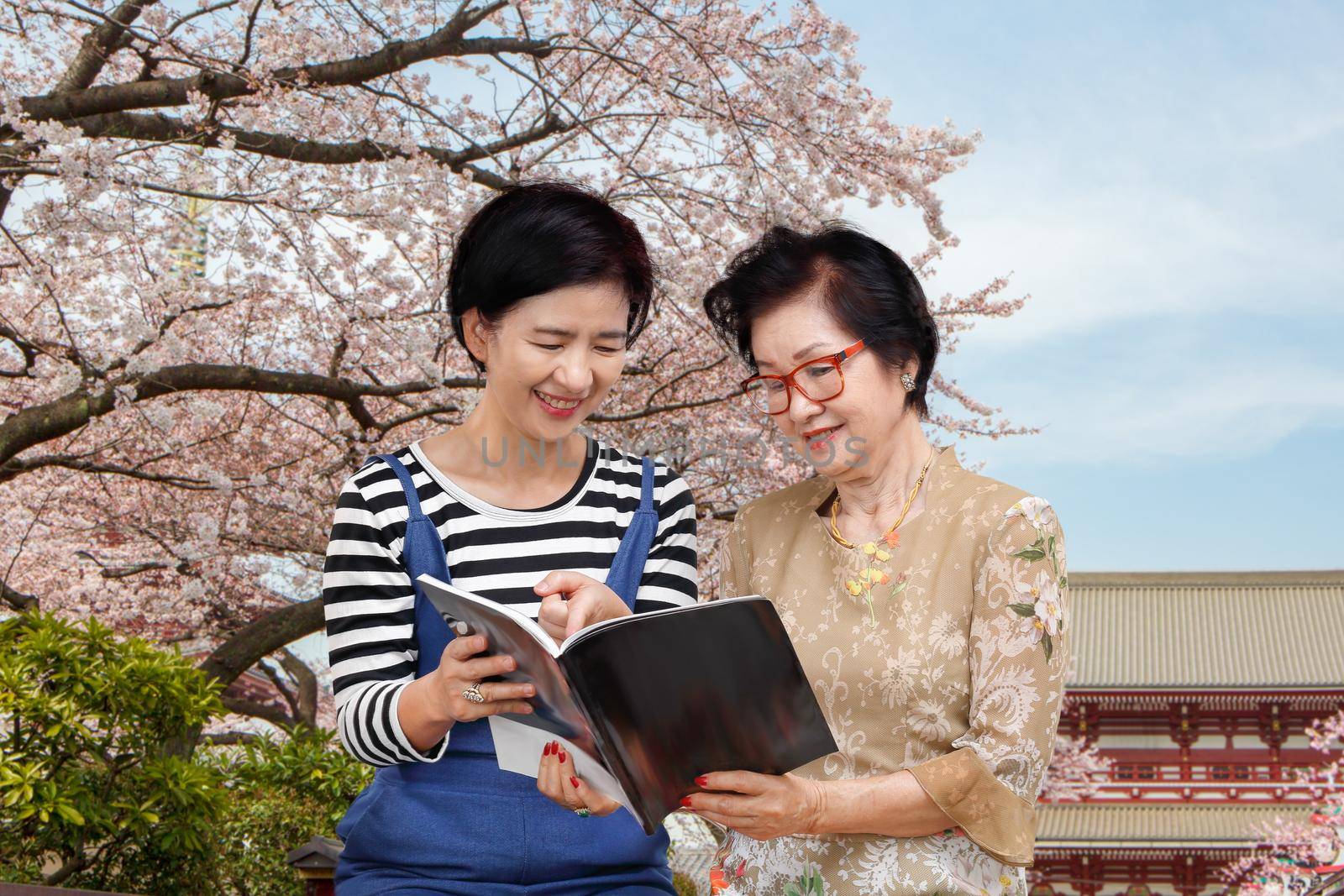 Senior woman reading a travel guidebook with her daughter by toa55