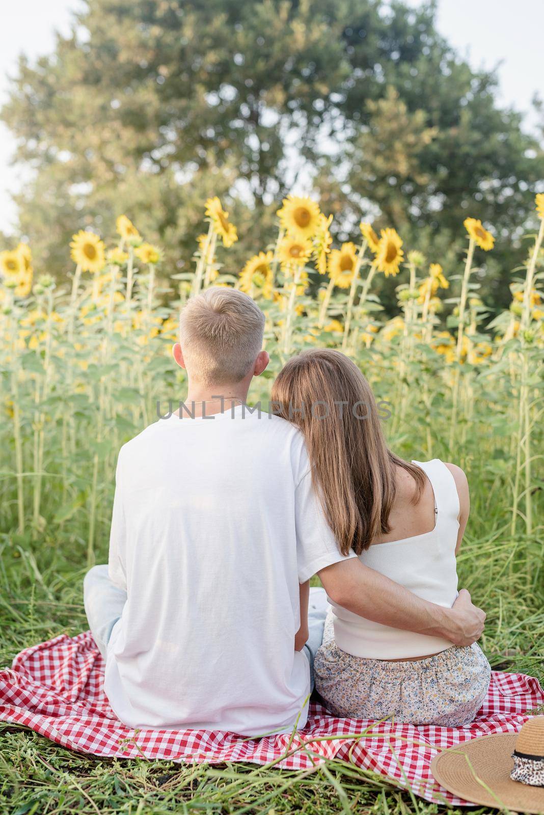 Young couple cuddling on a picnic blanket by Desperada