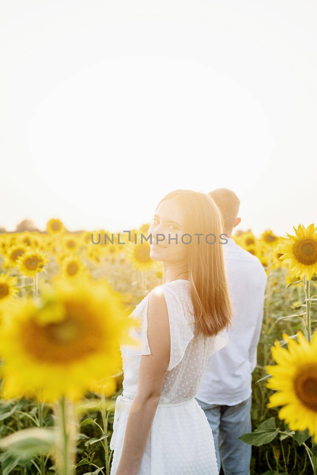 Beautiful couple walking together in sunflowers fields in sunset by Desperada