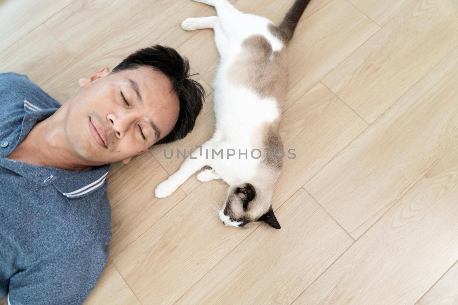 Asian man with elder cat lying on floor at home