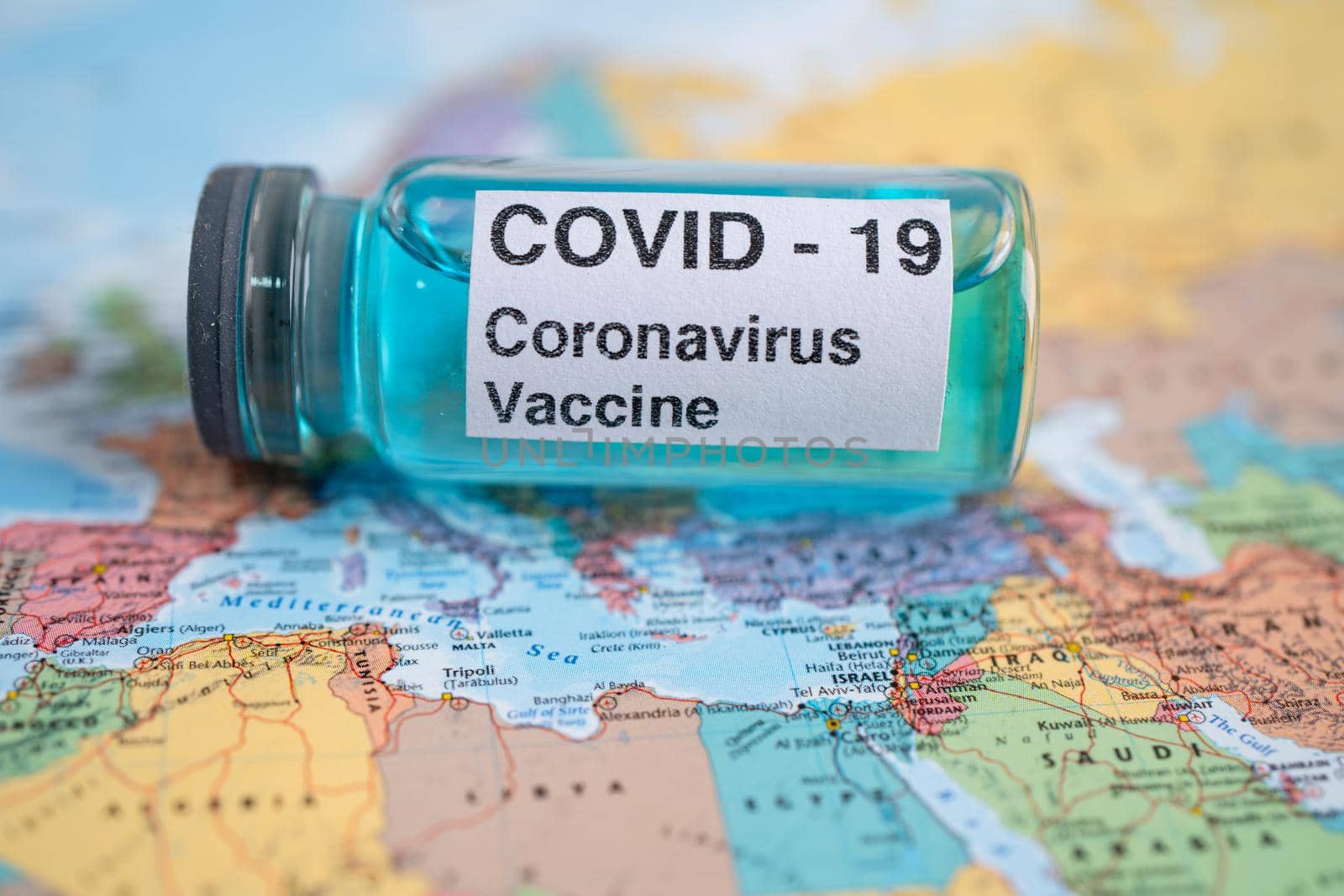 Bangkok, Thailand - July 1, 2021, Coronavirus Covid-19 vaccine on Africa map, development medical for doctor use to treat pneumonia illness patients.