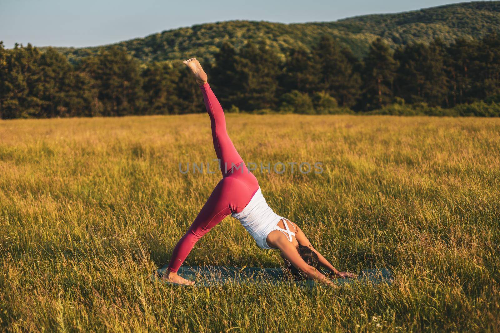 Beautiful woman doing yoga in the nature,Adho Mukha Svanasana/Downward facing dog pose with leg up.