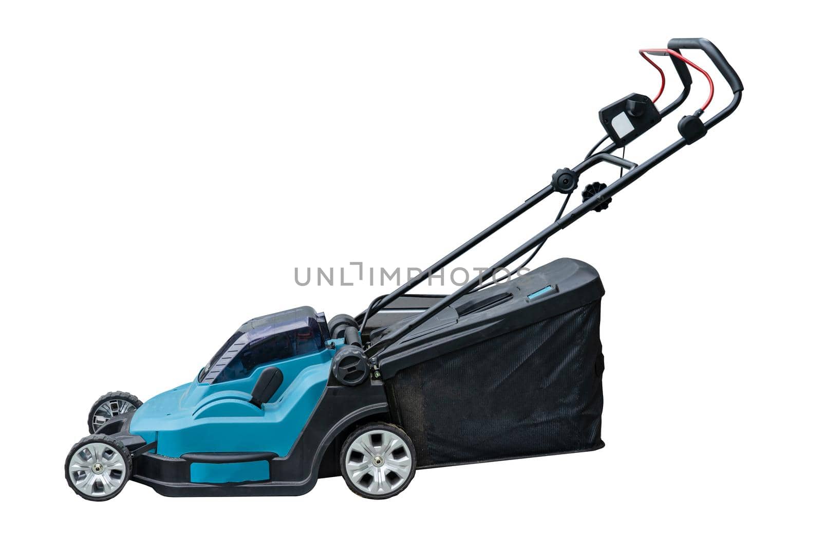 Lawn mover machine cut green grass isolated on white background, Hobby planting home garden.