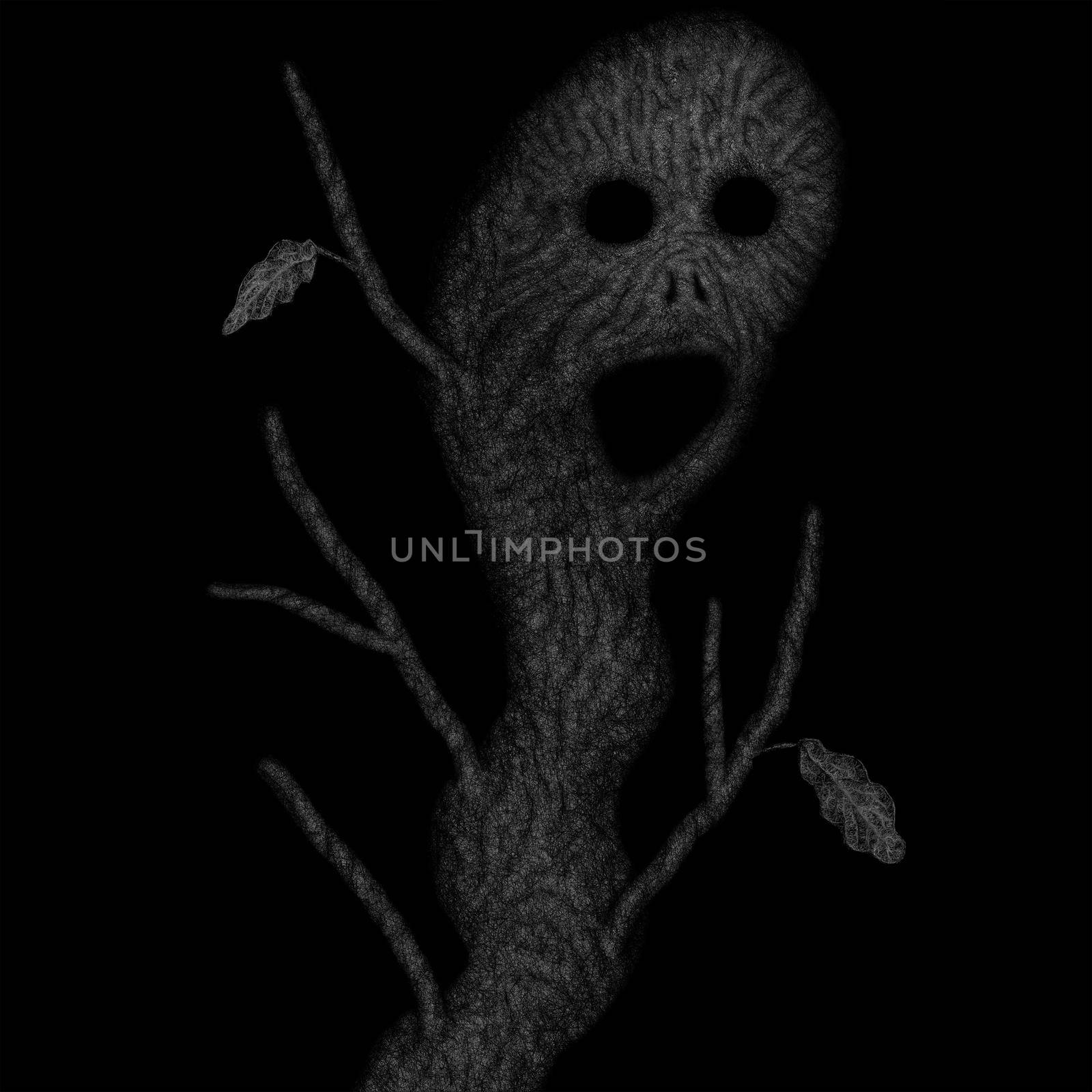 A crooked, sick tree with a dead head, digital painting, concept for suspense and horror.