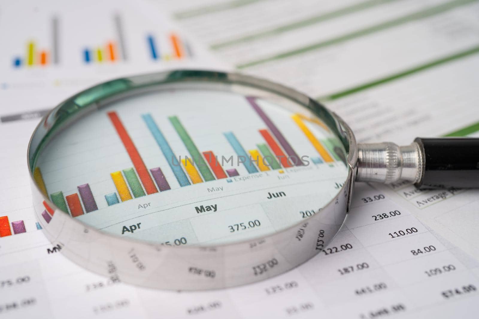 Magnifying glass on charts graphs paper. Financial development, Banking Account, Statistics, Investment Analytic research data economy, Stock exchange trading, Business office company meeting concept.