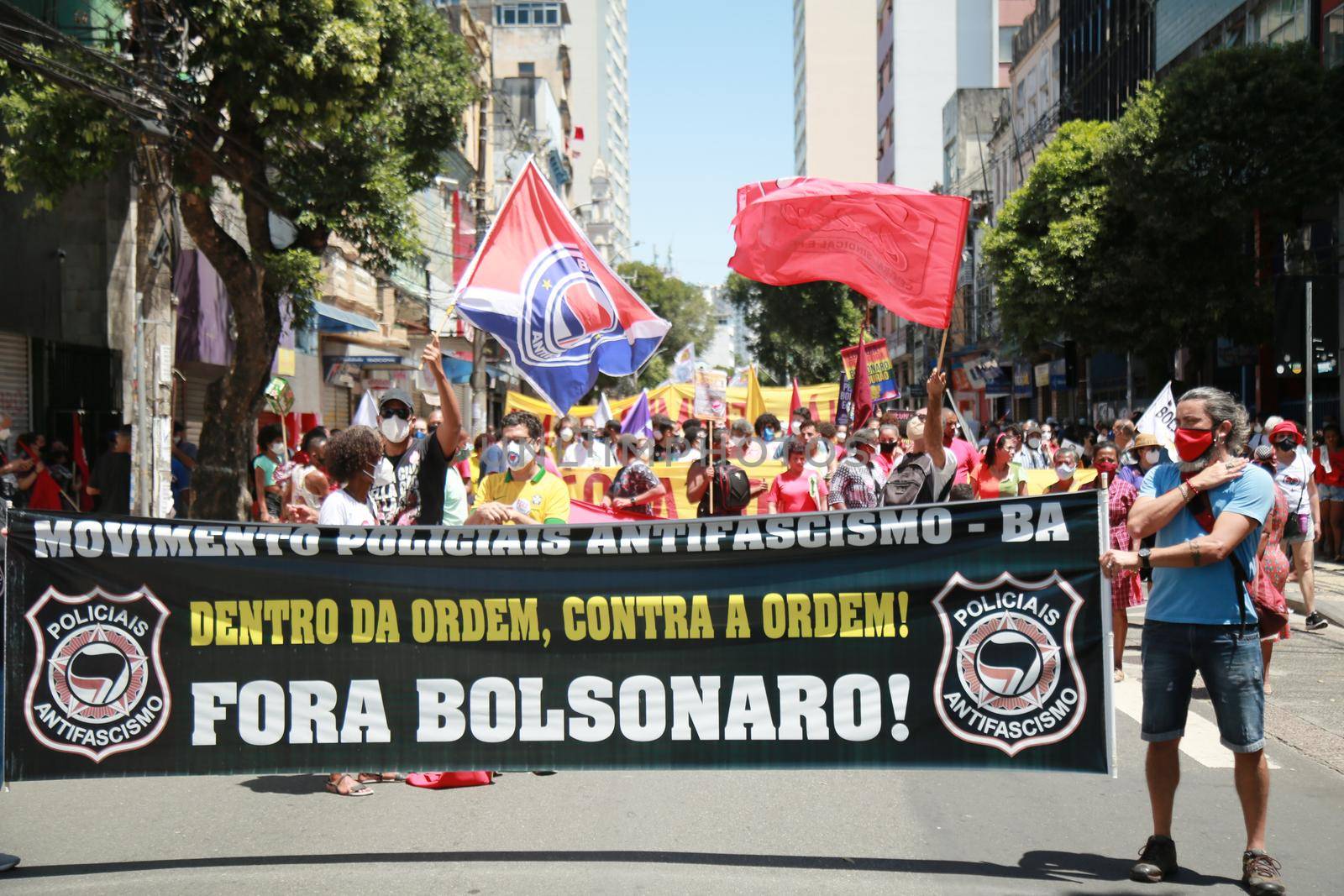 salvador, bahia, brazil - september 7, 2021: Protesters against the government of President Jair Bolsonaro protest in the city of Salvador. The act marks Brazil's Independence Day.