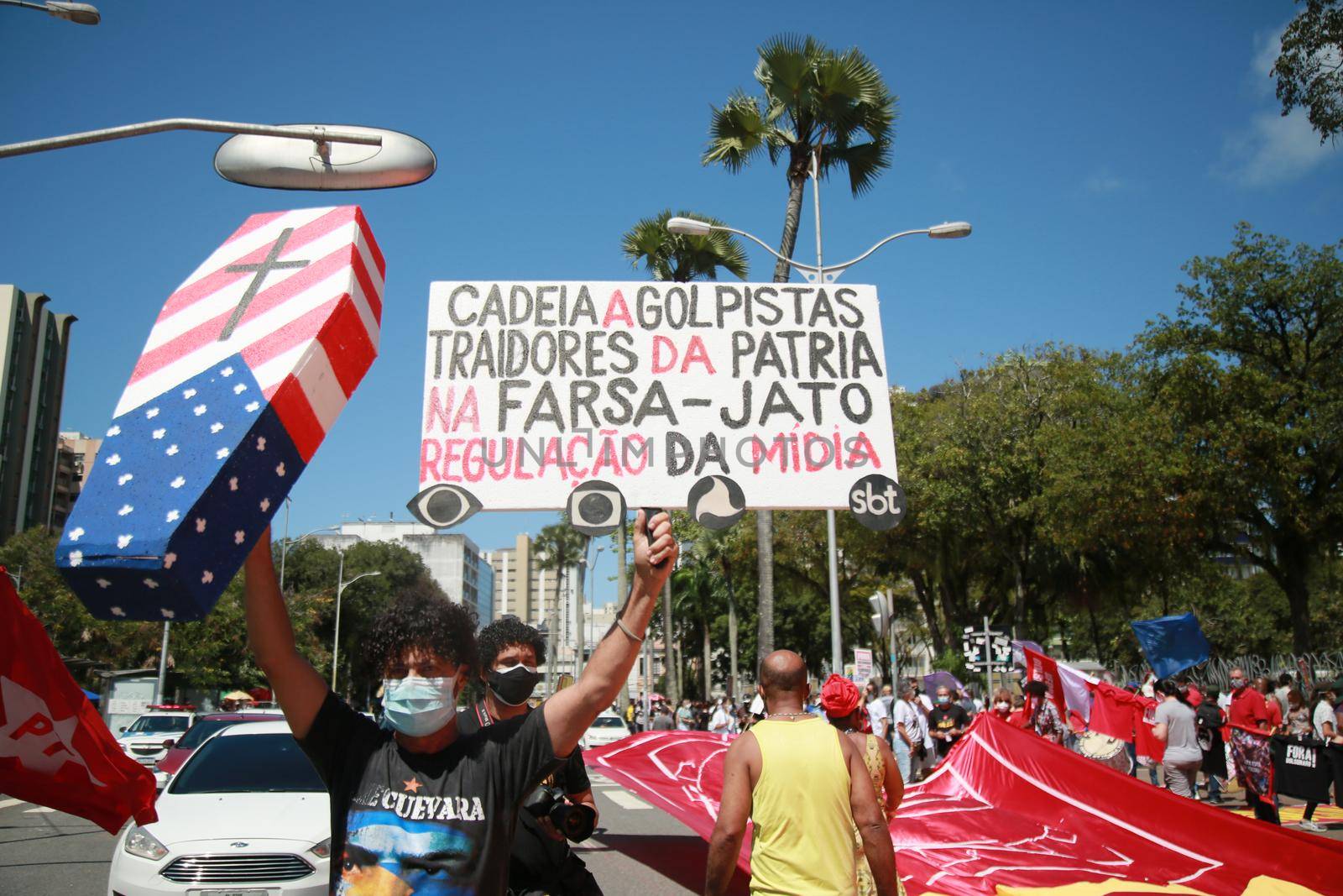 salvador, bahia, brazil - september 7, 2021: Protesters against the government of President Jair Bolsonaro protest in the city of Salvador. The act marks Brazil's Independence Day.